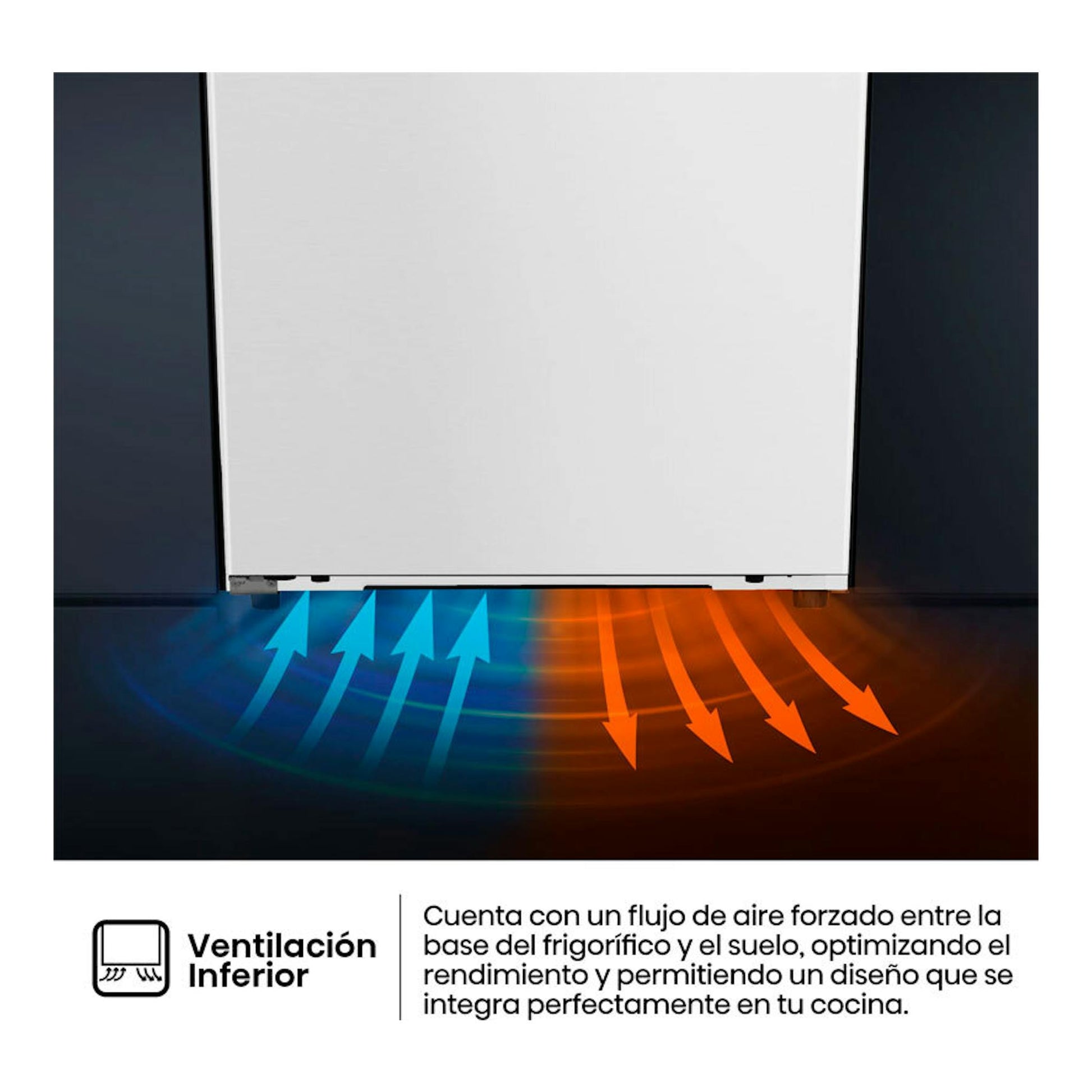Frigorífico Hisense RL3K370SEWE1 blanco, vista frontal inferior con ventilación inferior y flechas de aire.