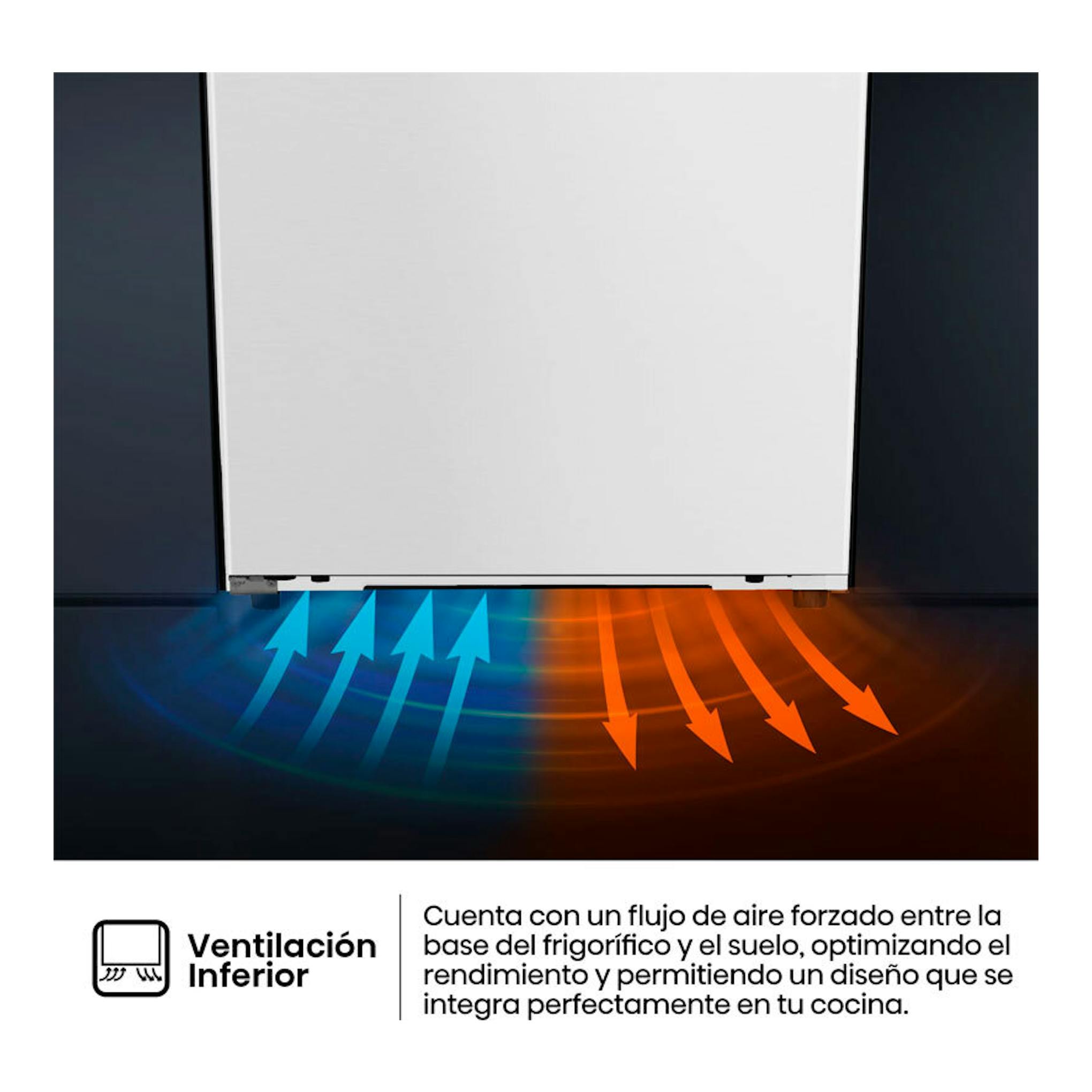 Frigorífico Hisense RL3K370SEWE1 blanco, vista frontal inferior con ventilación inferior y flechas de aire.