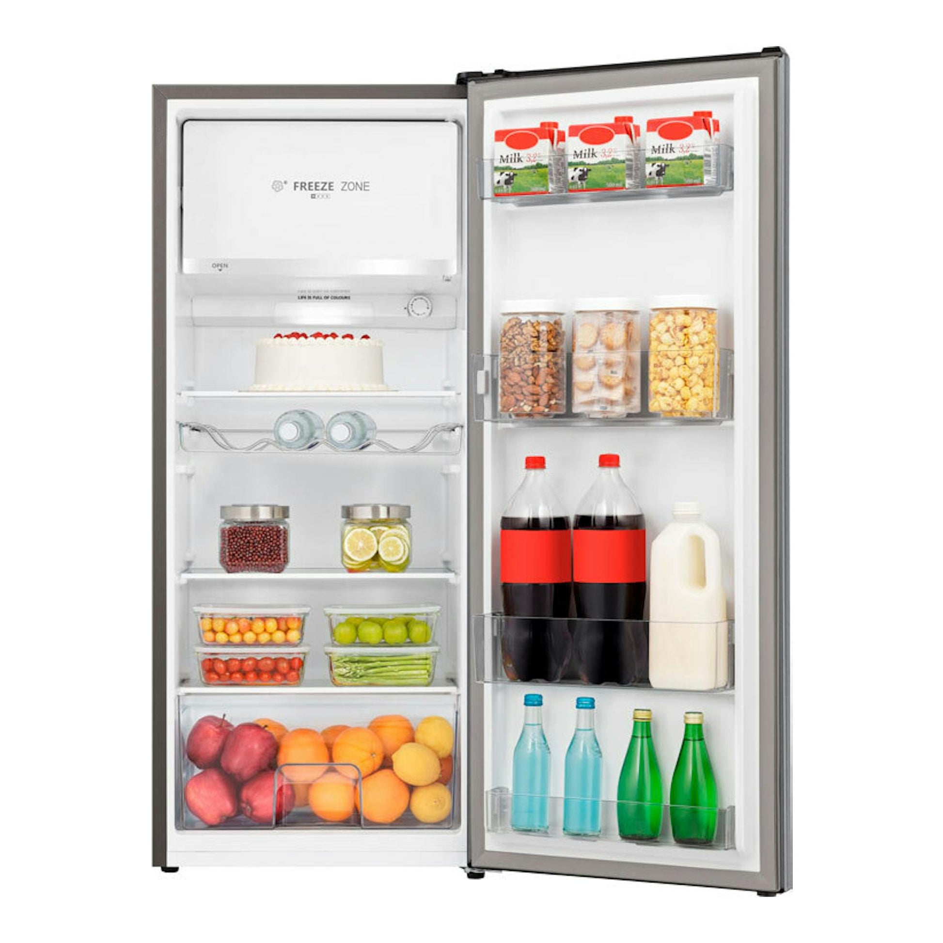 Frigorífico Hisense RR220D4BDE inox, puerta abierta, vista frontal, interior con estantes y bebidas.