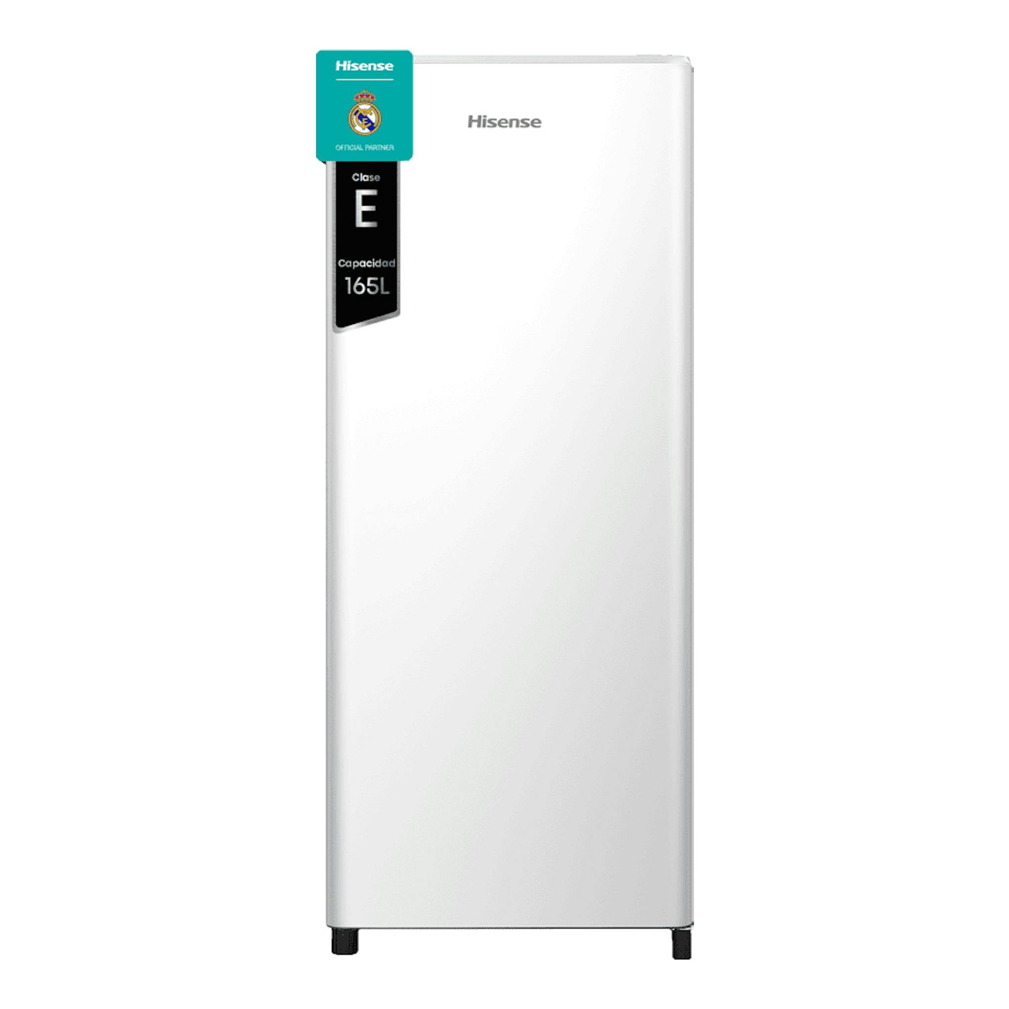 Frigorífico Hisense RR220D4BWE blanco, vista frontal, con etiqueta Clase E y capacidad 165 L.