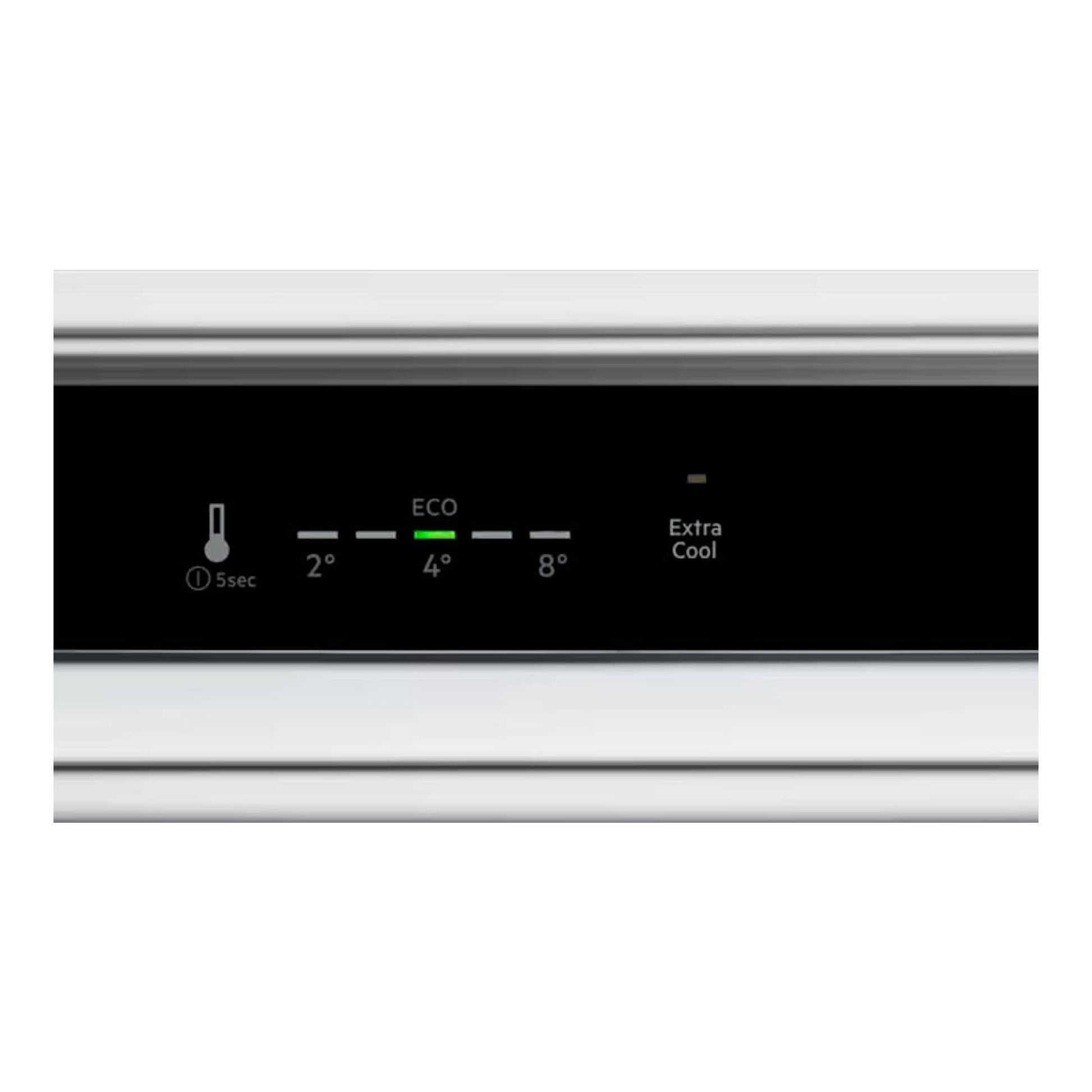 AEG TK6DS181ES: panel de control negro de frigorífico, vista frontal, con temperaturas 2°, 4° ECO y 8°.