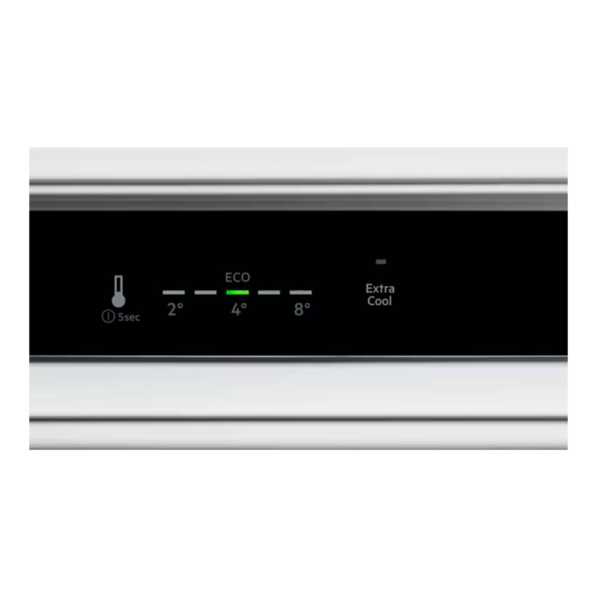 AEG TK6DS181ES: panel de control negro de frigorífico, vista frontal, con temperaturas 2°, 4° ECO y 8°.