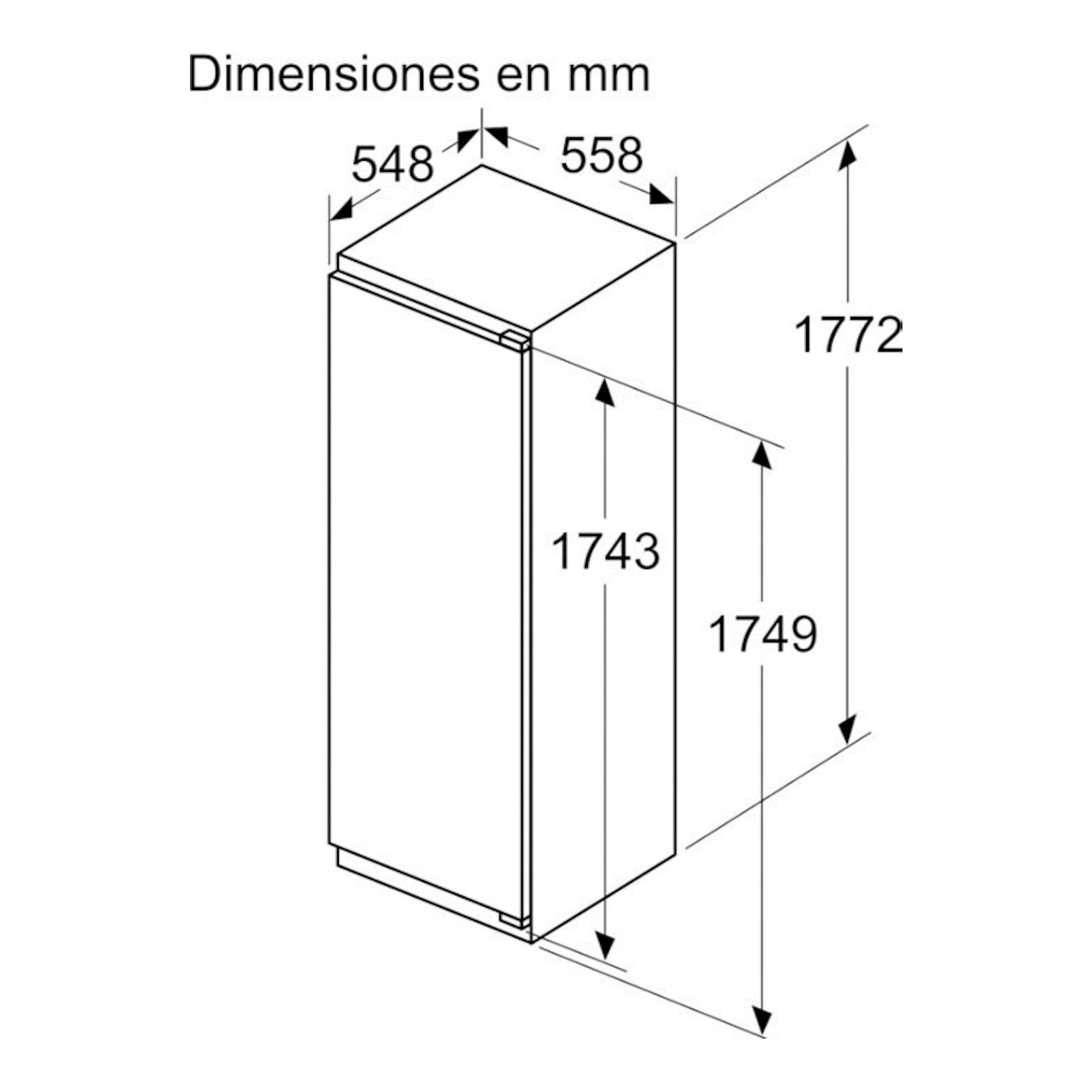 Balay 3FIE734S: dibujo técnico de frigorífico integrable de una puerta en blanco con medidas en mm.