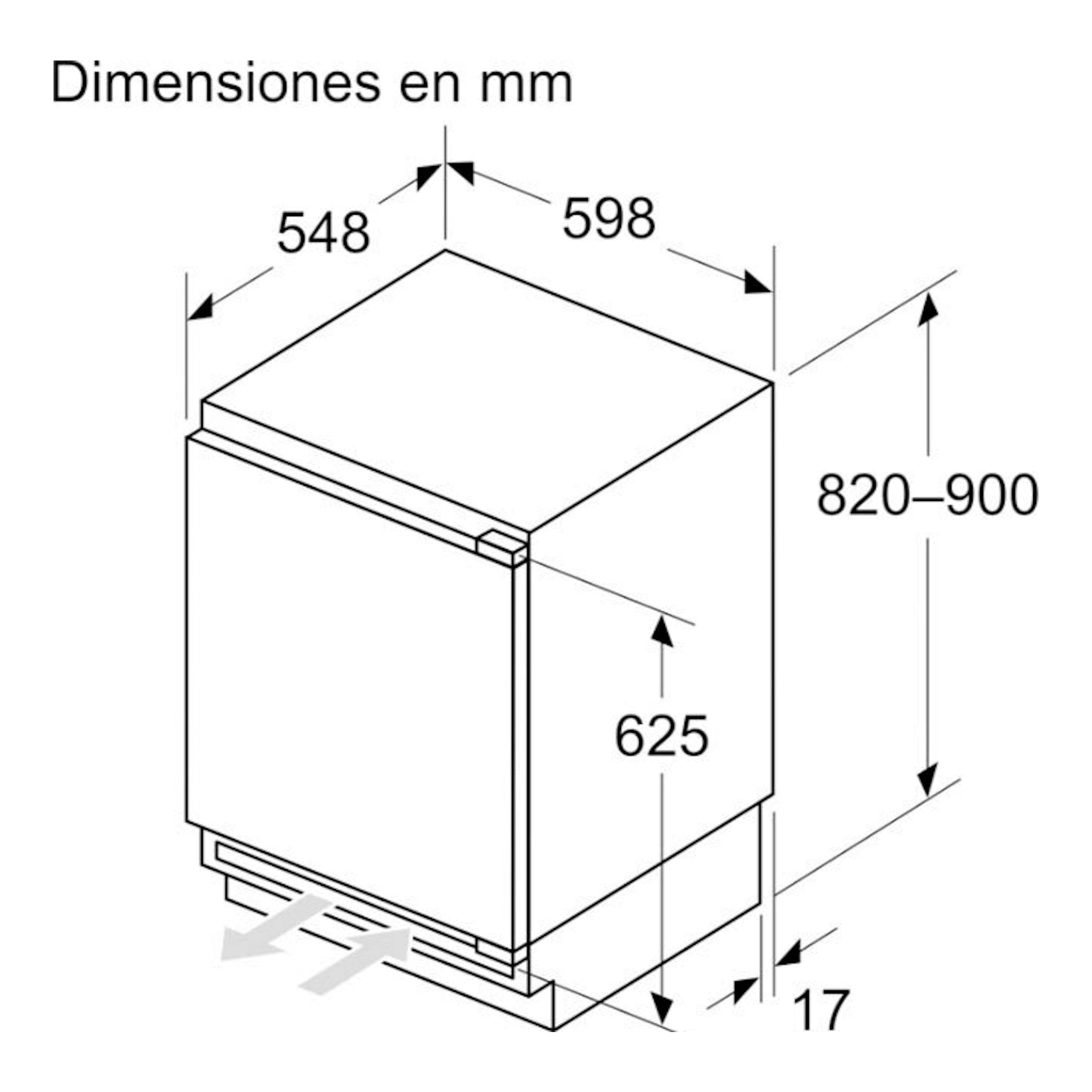 Esquema técnico del frigorífico integrable Balay 3KUE037S, vista en perspectiva, 598×548×820–900 mm.