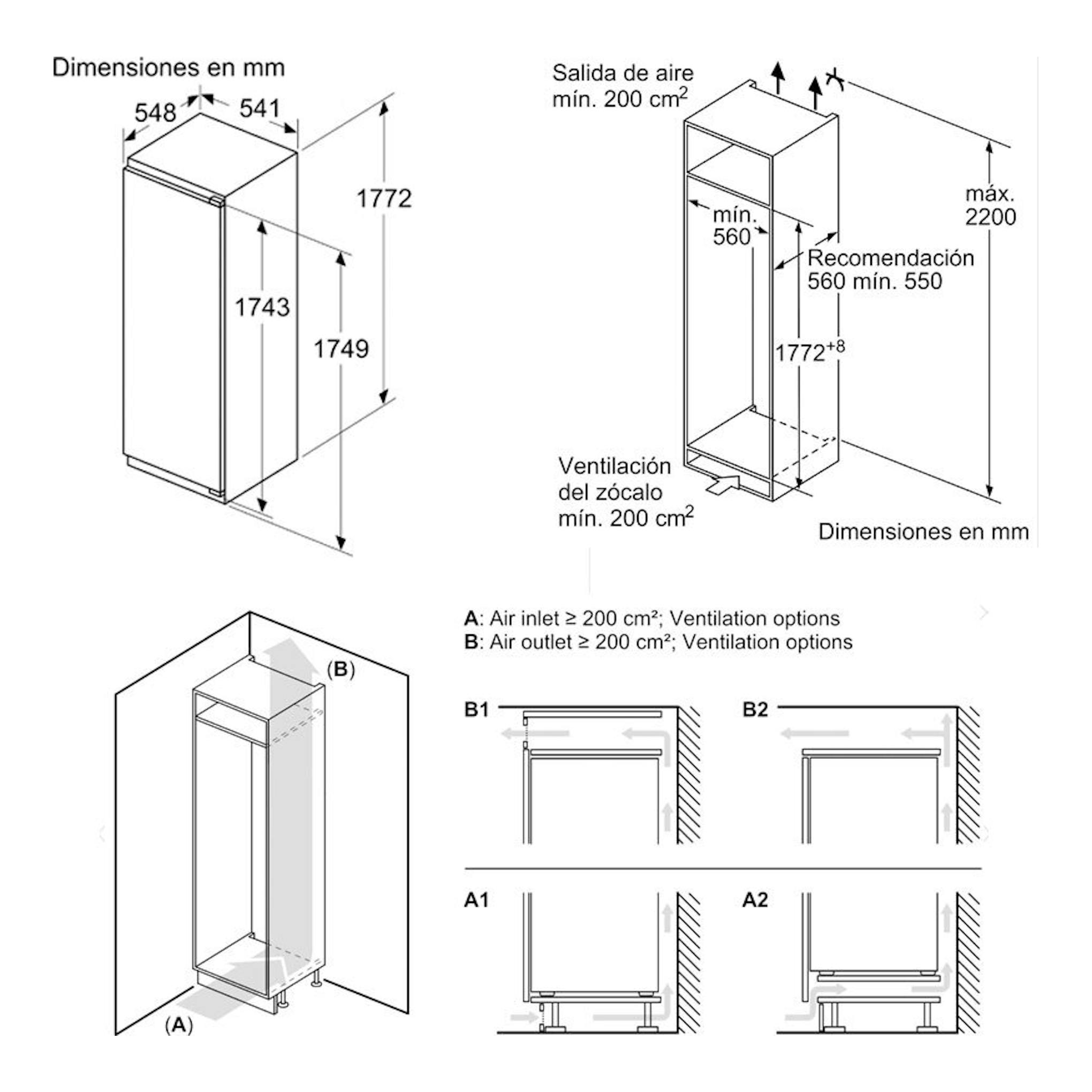 Bosch KIL82VFE0: esquema técnico de frigorífico integrable blanco, vista isométrica y medidas de ventilación.