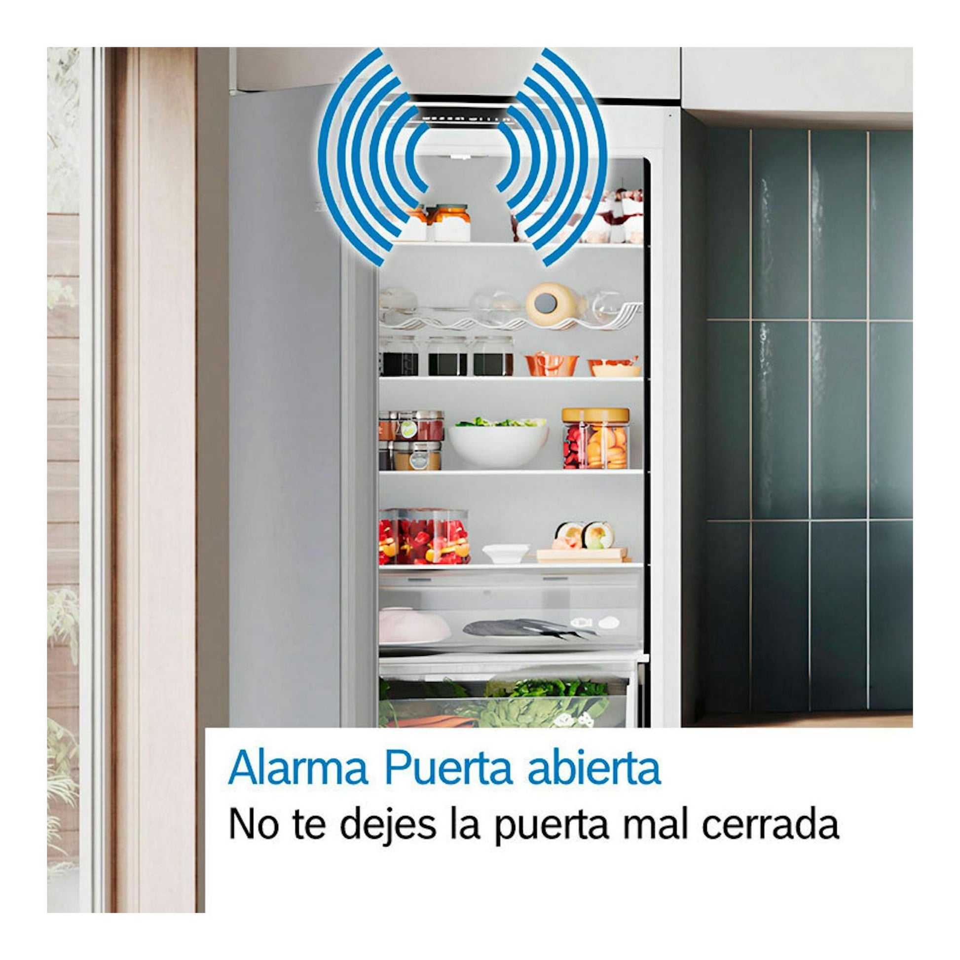 Frigorífico integrable Bosch KIL82VFE0 abierto, vista frontal, con estantes y aviso de alarma de puerta abierta.