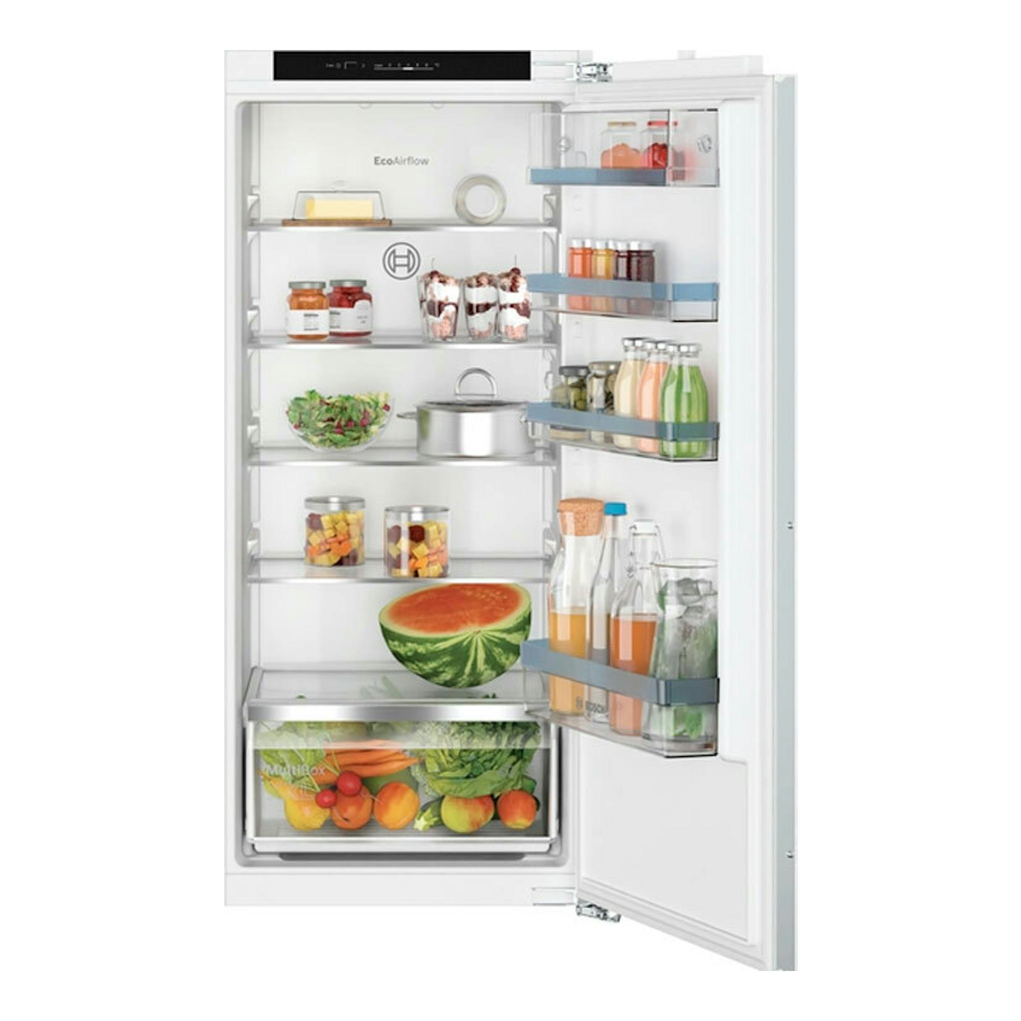Frigorífico integrable Bosch KIR41VFE0 abierto, vista frontal, con estantes y alimentos.
