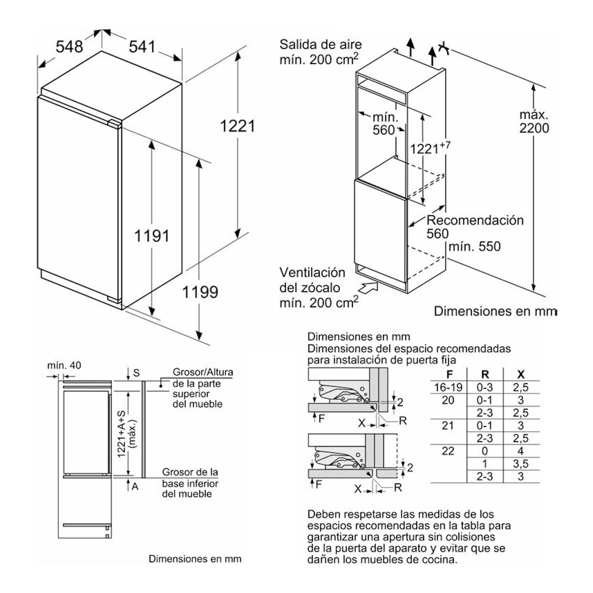 Bosch KIR41VFE0: esquema técnico de frigorífico integrable de una puerta con medidas e instalación.