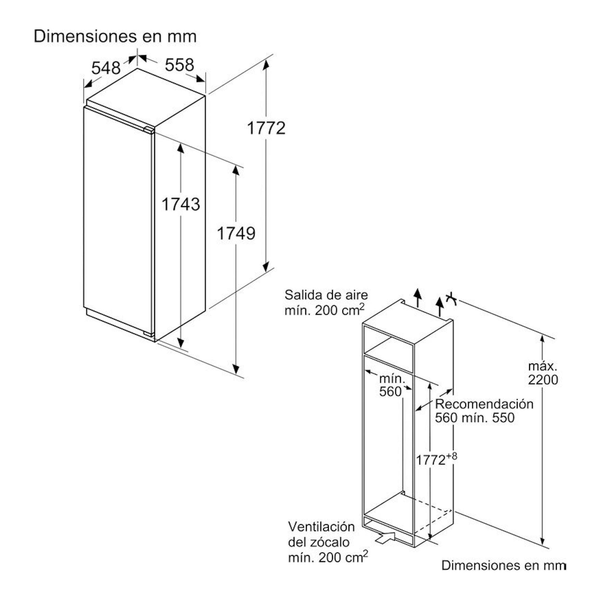 Bosch KIR81ADD0: esquema técnico isométrico de frigorífico integrable blanco, con medidas en mm.