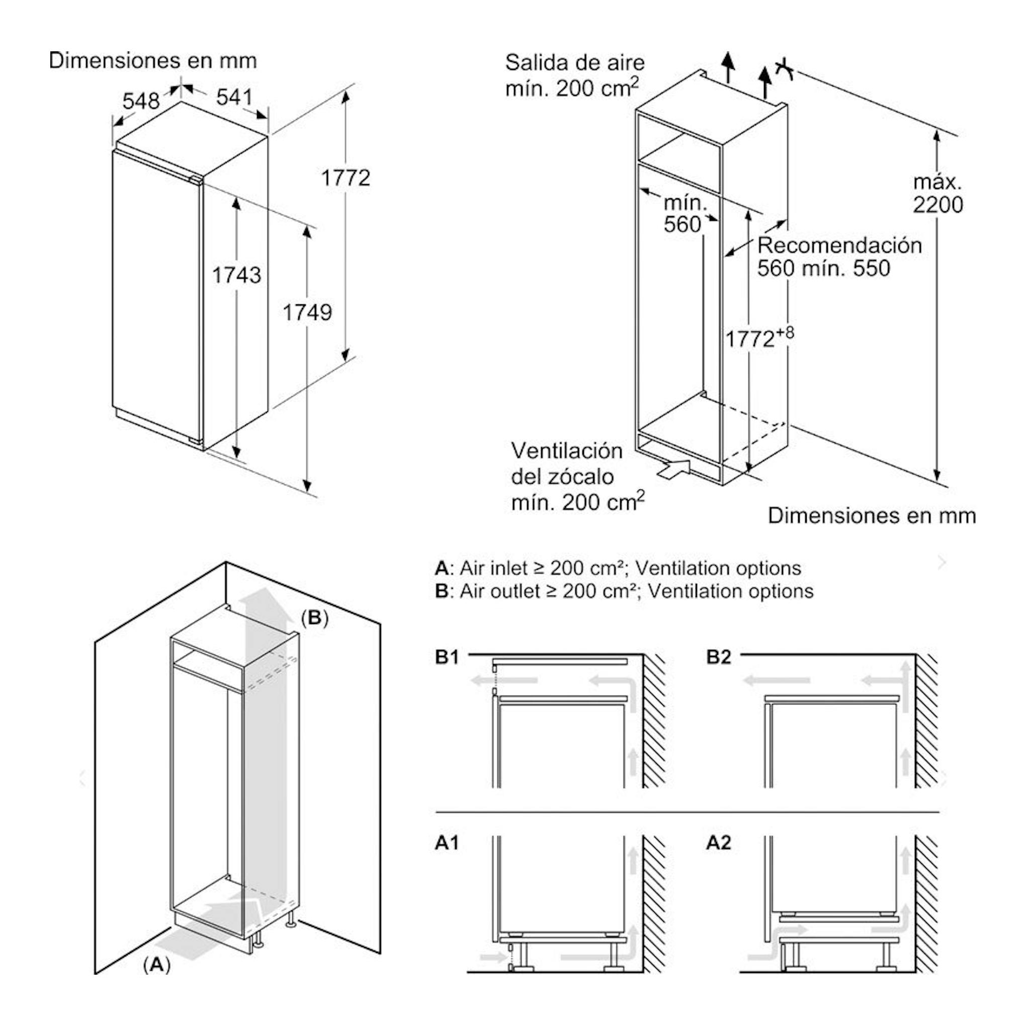 Bosch KIR81VFE0, diagrama técnico de instalación de frigorífico integrable con medidas y ventilación.