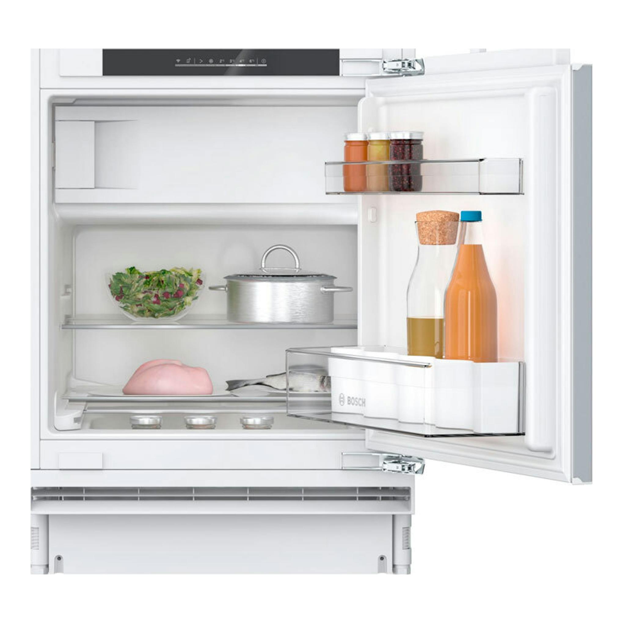 Frigorífico integrable Bosch KUL22VFD0, vista frontal con la puerta abierta y compartimentos interiores visibles.
