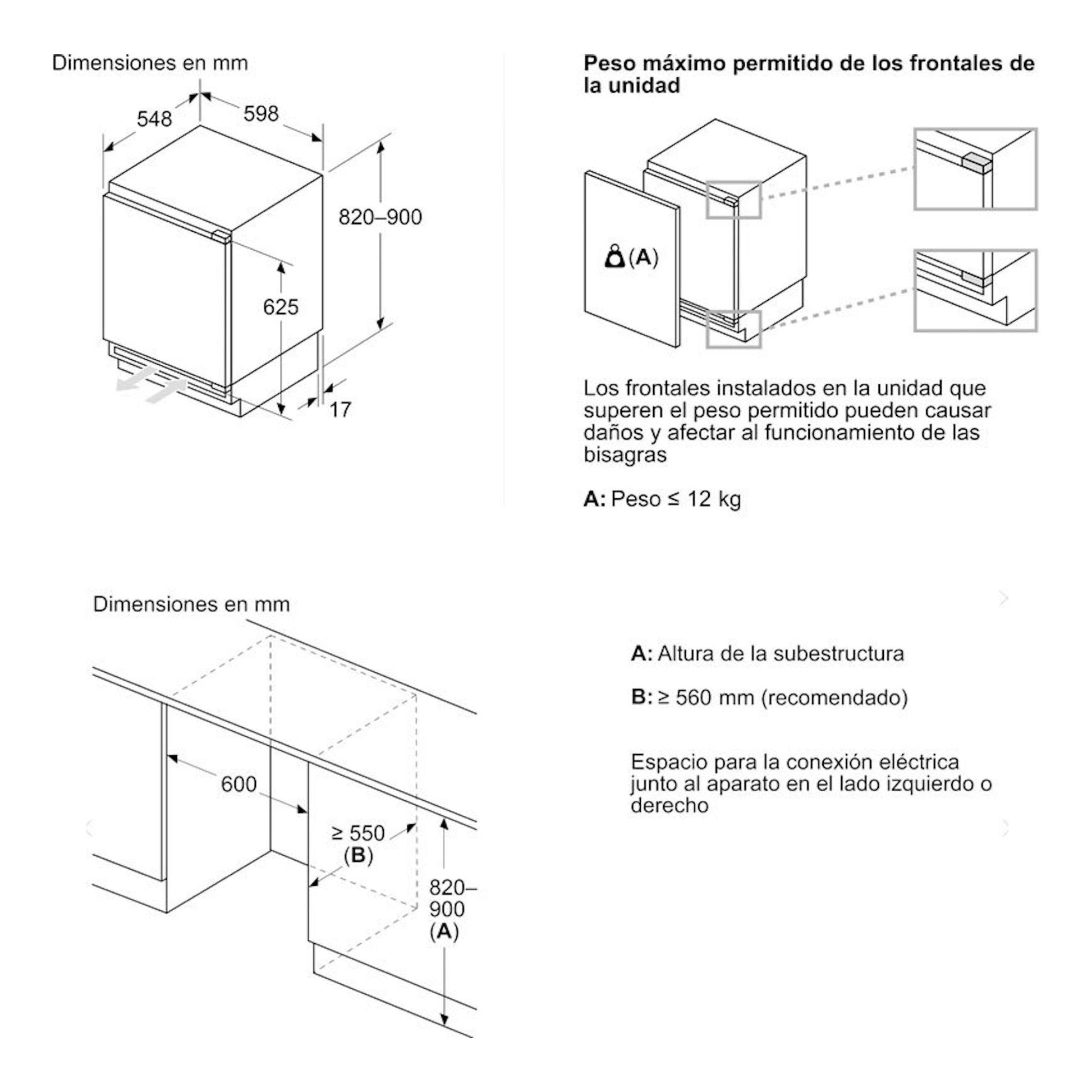 Bosch KUL22VFD0, esquema técnico de frigorífico integrable de una puerta con medidas en mm y vista en perspectiva.