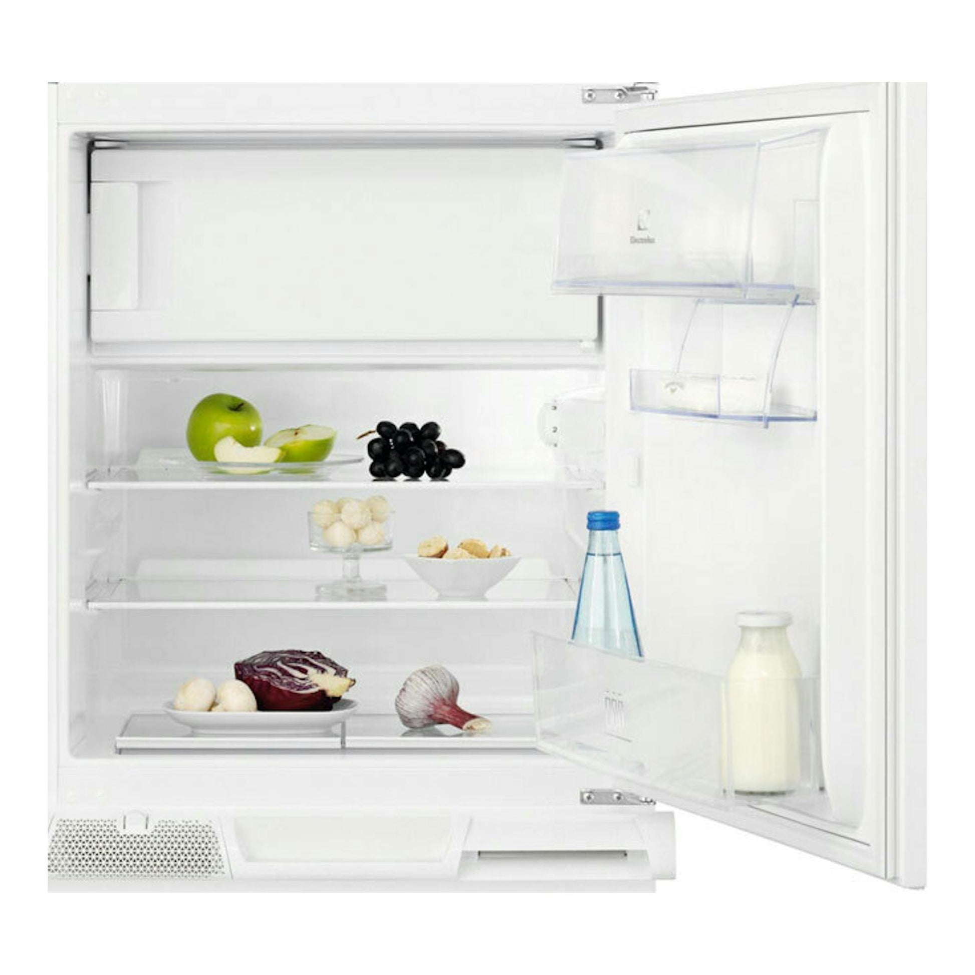 Frigorífico integrable Electrolux ESB2AE82S blanco, vista frontal con puerta abierta e interior visible.