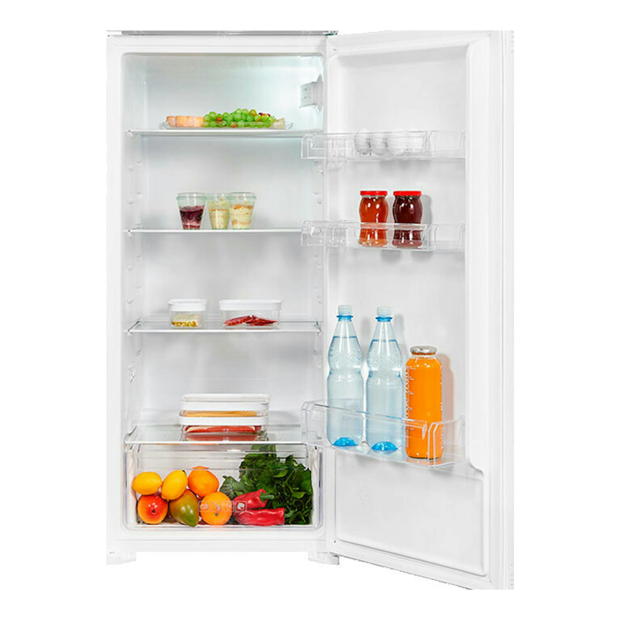 Frigorífico integrable Exquisit EKS201-V-E-040E, blanco, puerta abierta en vista frontal con estantes y cajón.