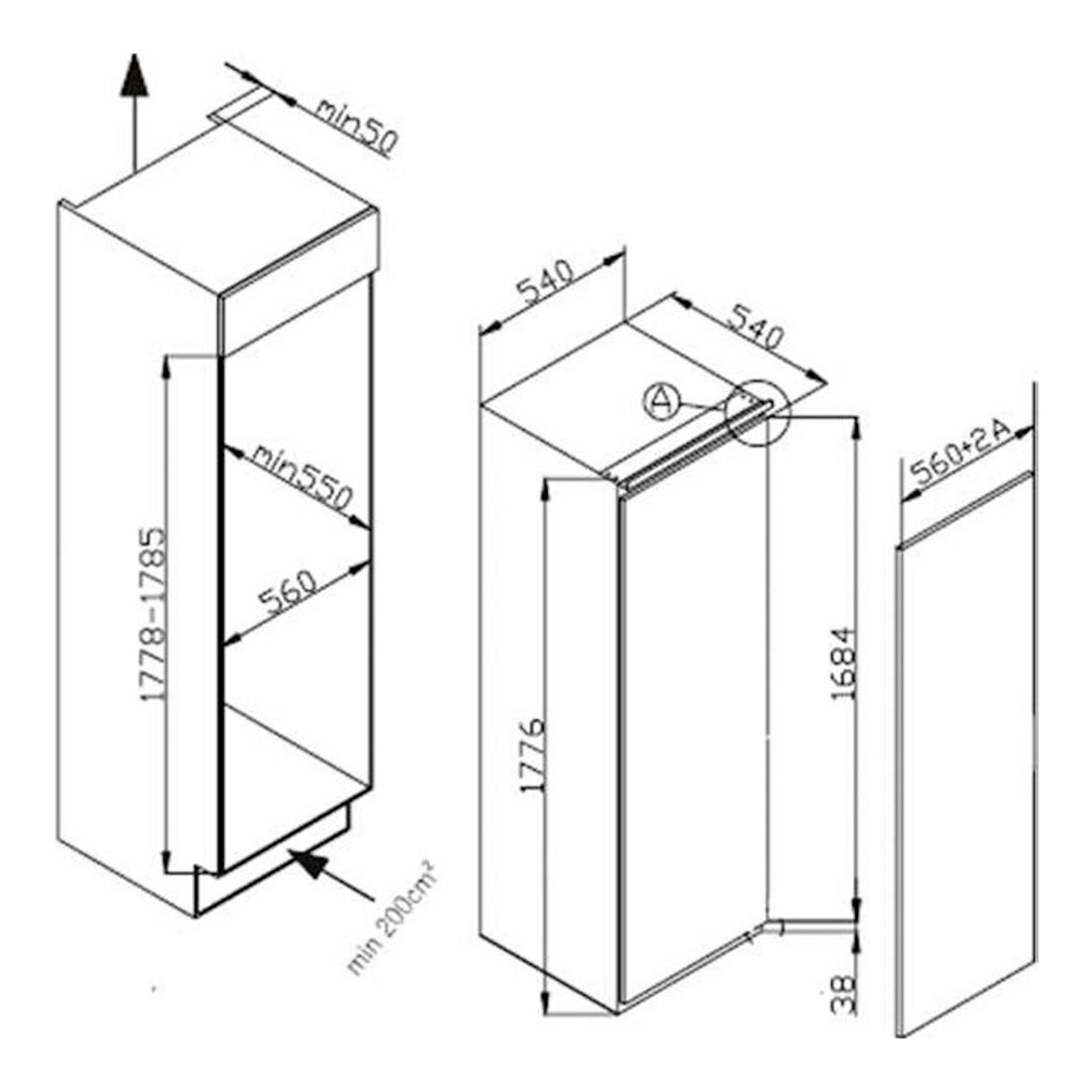 Frigorífico integrable Fagor 3FIB1725, dibujo técnico en vista isométrica con medidas de instalación.