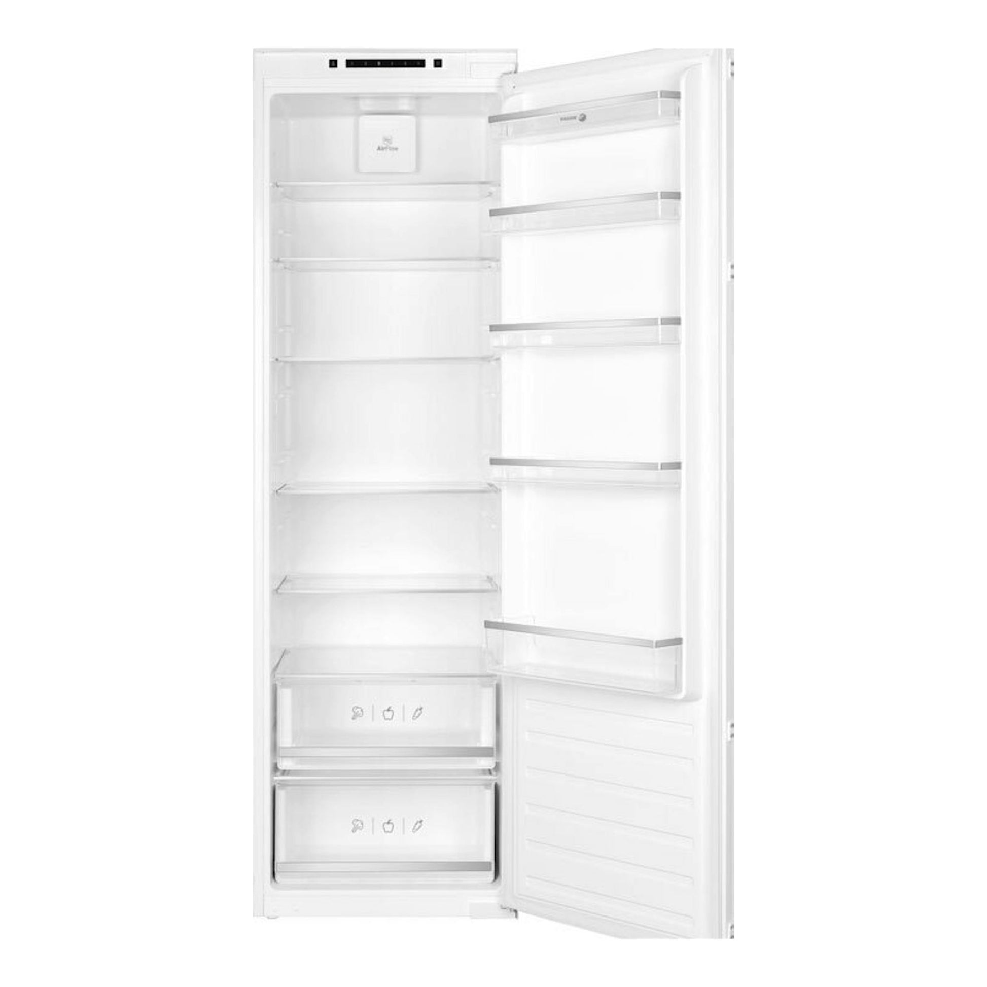 Frigorífico integrable Fagor 3FIB1725 blanco, vista frontal con la puerta abierta y baldas interiores visibles.