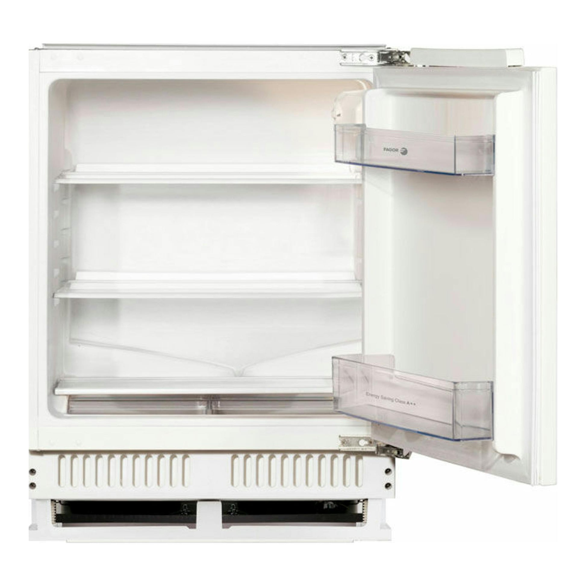 Frigorífico integrable Fagor 3FIS840 blanco, vista frontal con la puerta abierta.