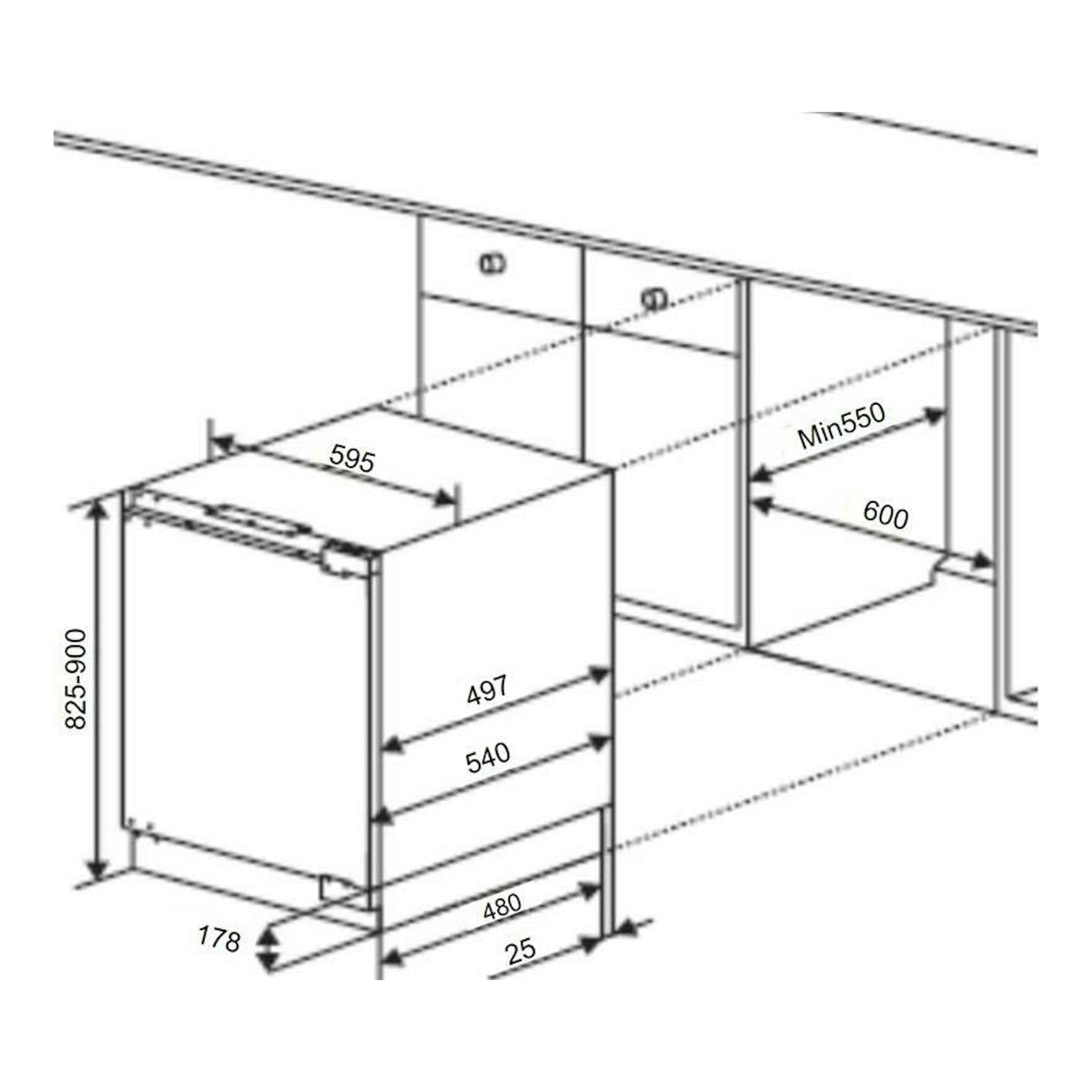 Esquema técnico en blanco y negro de frigorífico integrable Fagor 3FIS844 con medidas de instalación.