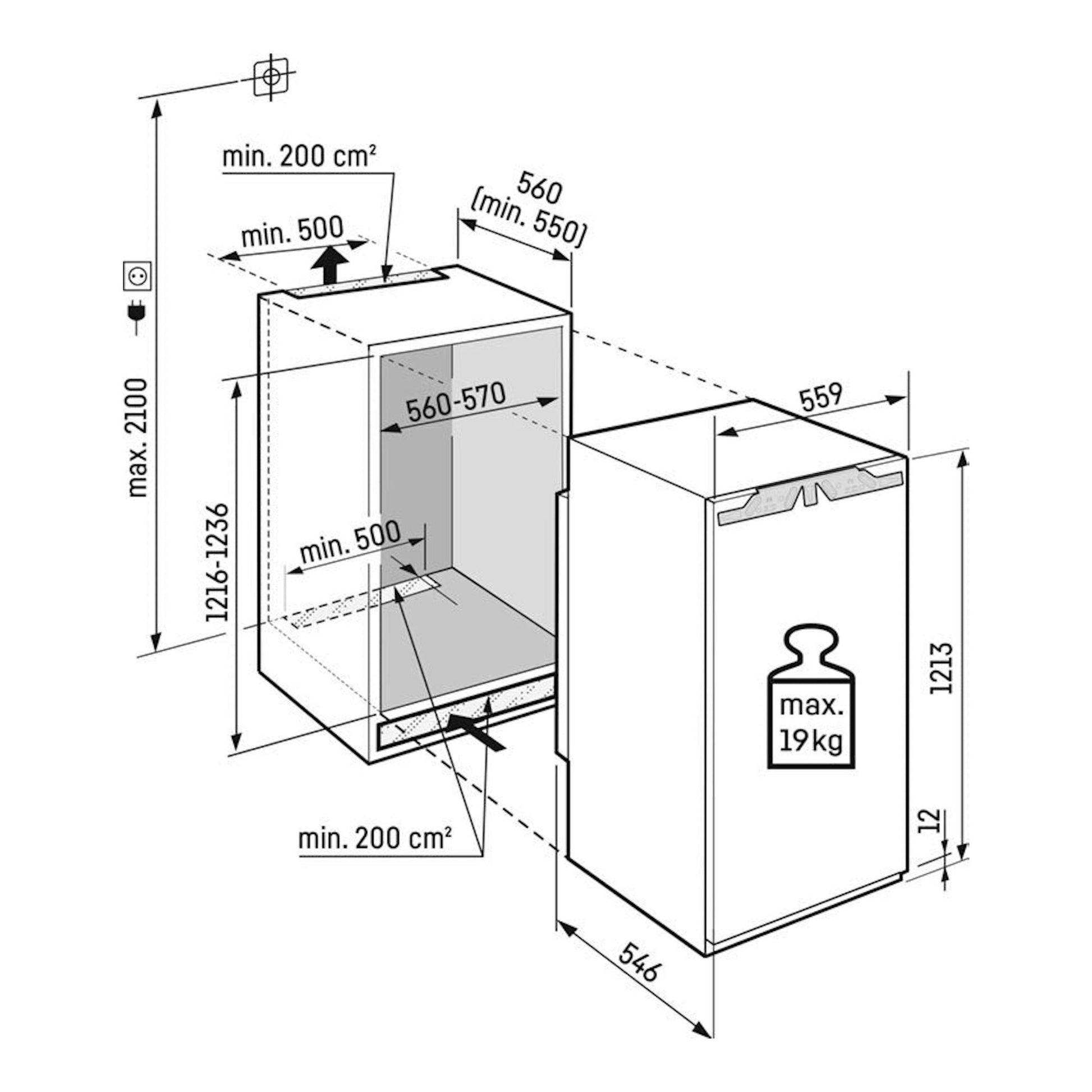 Diagrama de instalación de frigorífico integrable Liebherr IRBci 4150, vista frontal y lateral con medidas.