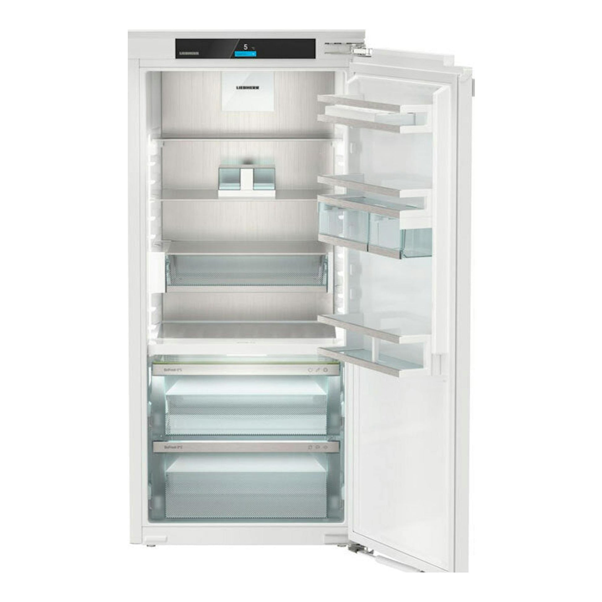 Frigorífico integrable Liebherr IRBci 4150, puerta abierta, interior blanco con estantes y cajones.