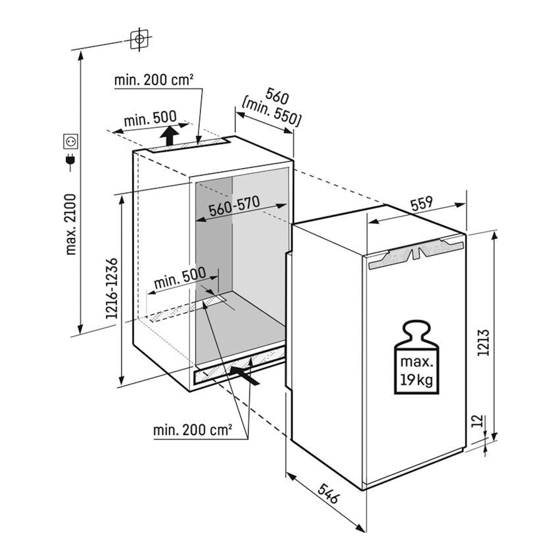 Esquema técnico de instalación de frigorífico integrable Liebherr IRd 4120: vista frontal y lateral con medidas.