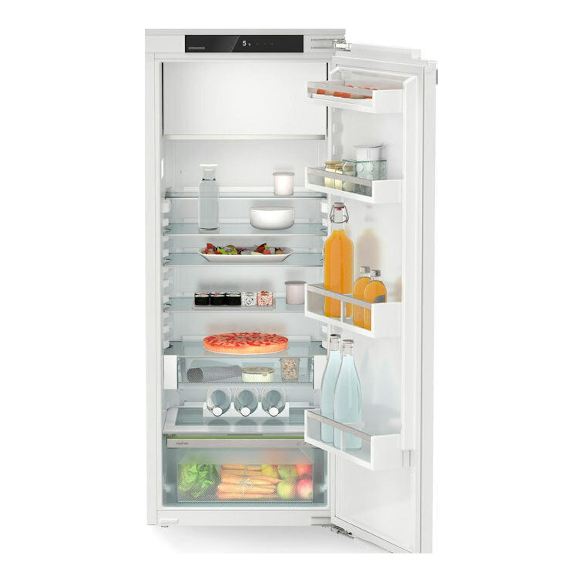 Frigorífico integrable Liebherr IRd 4521 001 22, vista frontal, puerta abierta, blanco, con alimentos.