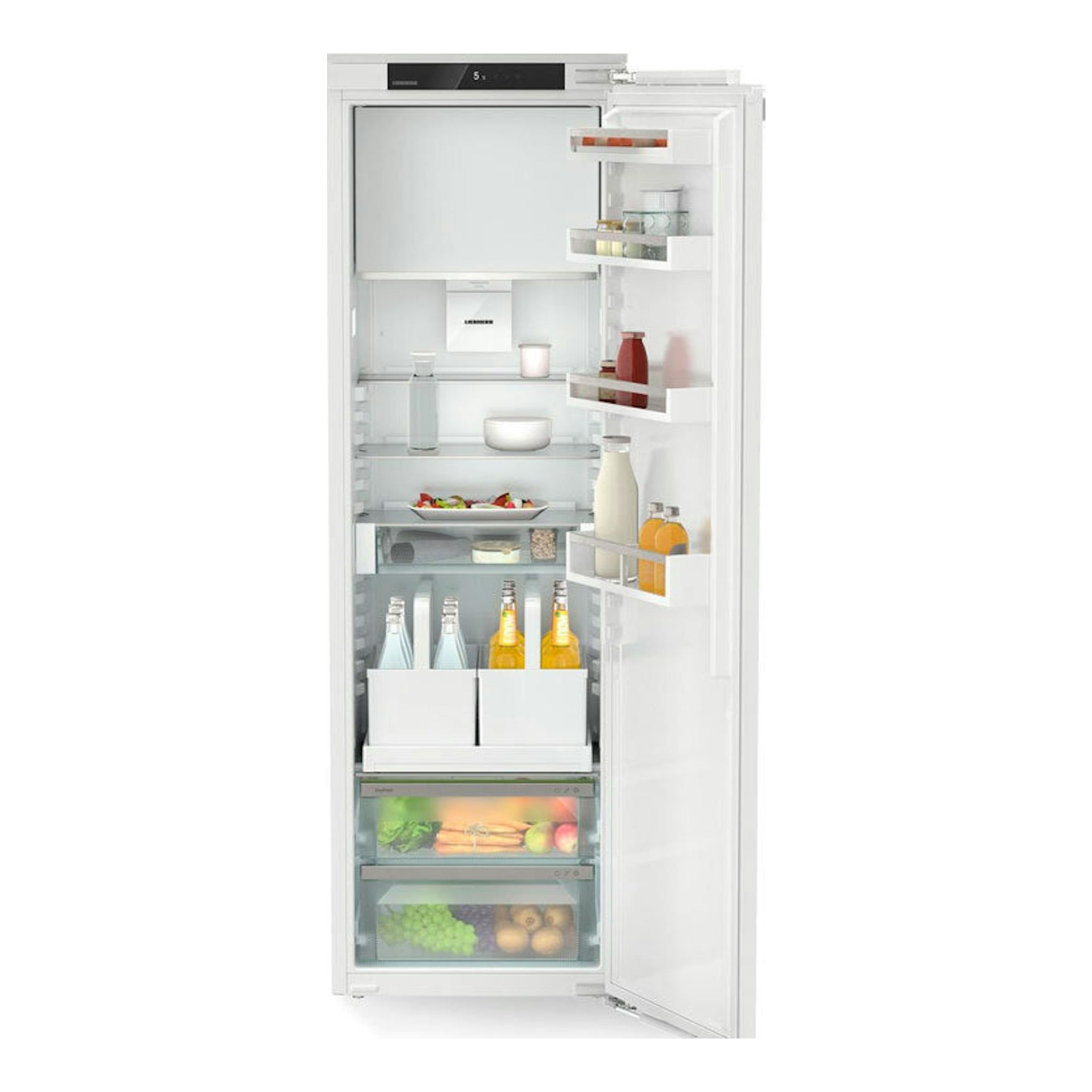 Frigorífico integrable Liebherr IRDdi 5121, blanco, con la puerta abierta y estantes visibles.