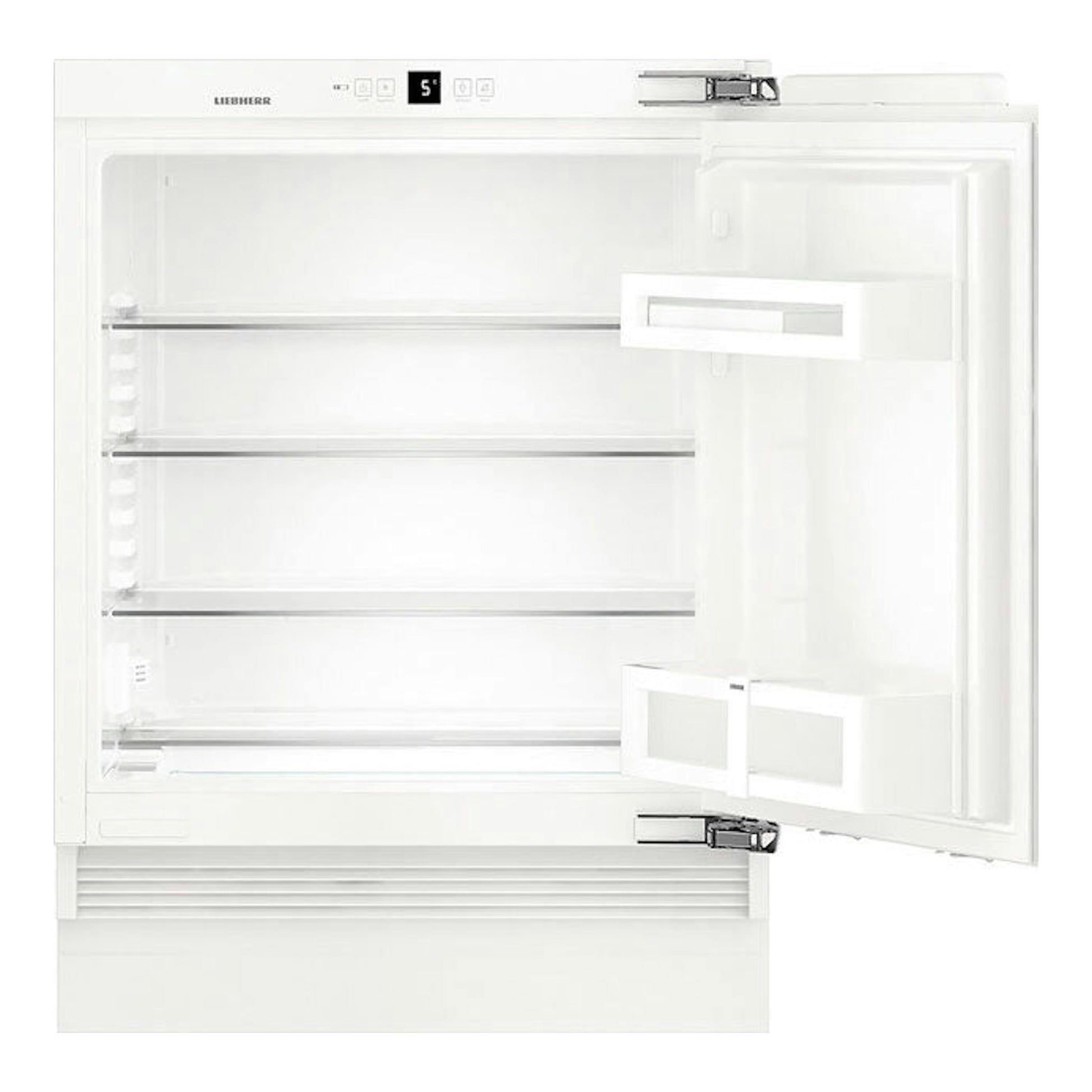 Frigorífico integrable Liebherr UIK 1510, vista frontal, puerta abierta, interior blanco.