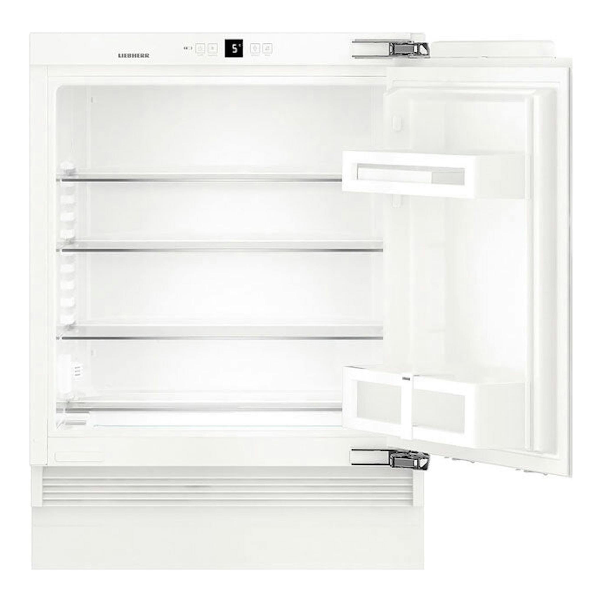 Frigorífico integrable Liebherr UIK 1510, vista frontal, puerta abierta, interior blanco.
