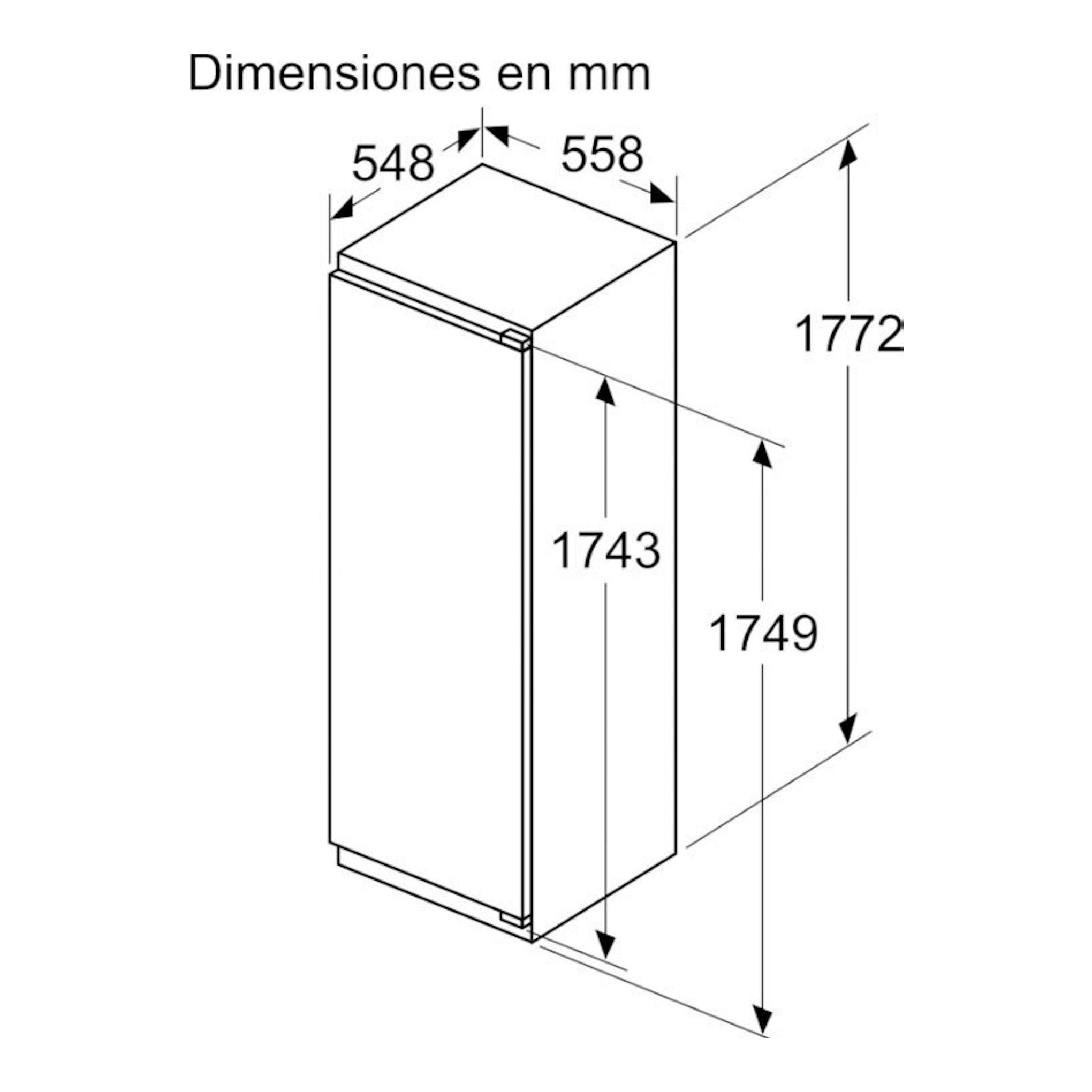 Esquema técnico en perspectiva de frigorífico integrable Siemens KI81RADD0, con dimensiones en mm.