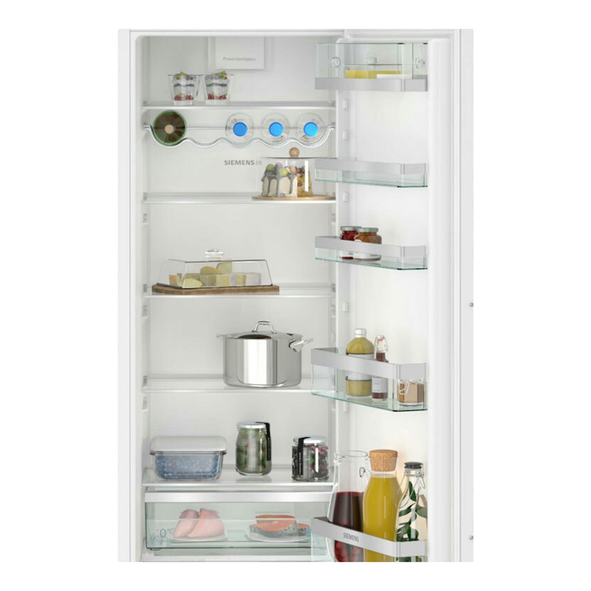 Frigorífico integrable Siemens KI81RADD0 blanco, vista frontal del interior con puerta abierta y estantes con alimentos.