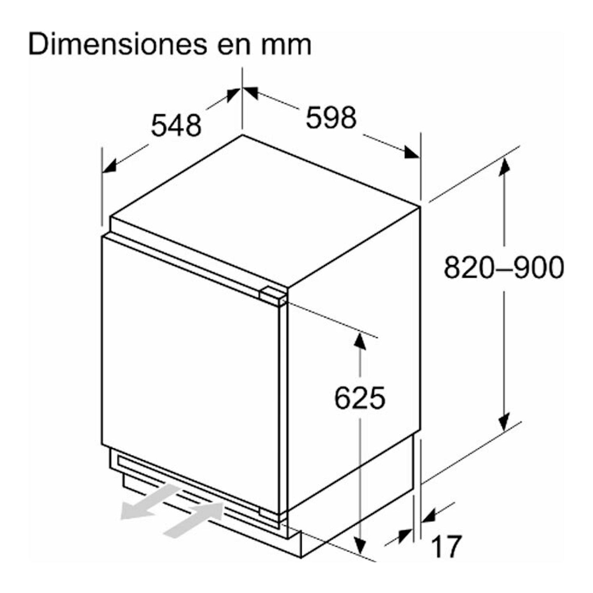 Esquema técnico de frigorífico integrable Siemens KU21RADE0 en vista isométrica, con medidas en mm.
