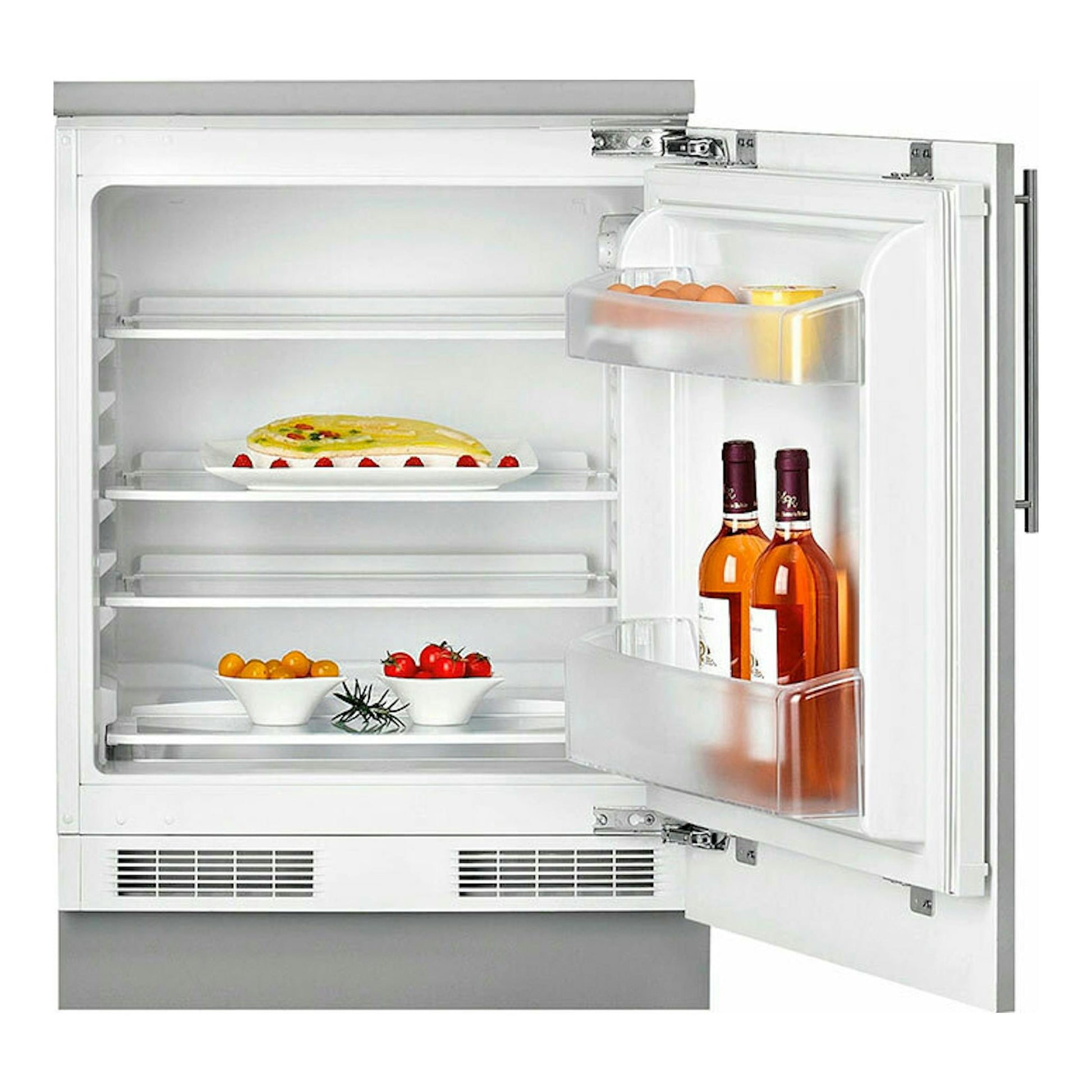 Frigorífico integrable Teka RSL41150BU blanco, vista frontal con puerta abierta e interior con estantes y botellero.