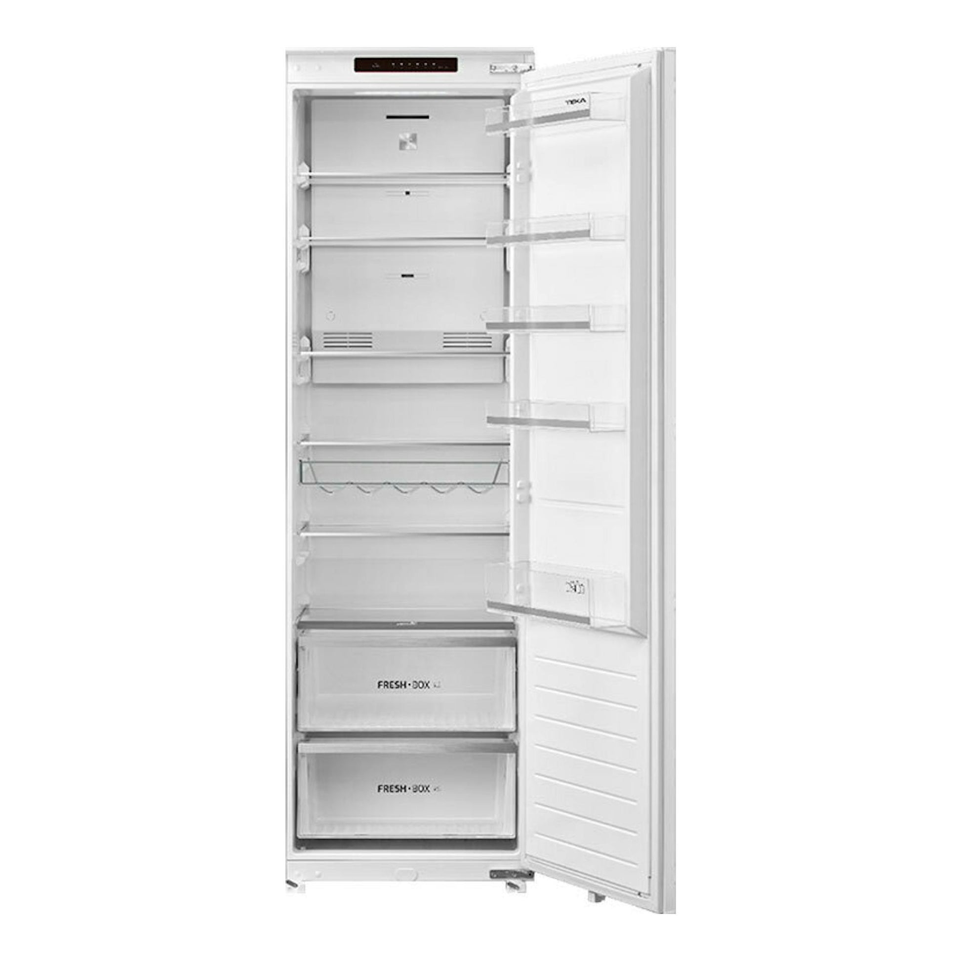 Frigorífico integrable Teka RSL73385FI, vista frontal con puerta abierta e interior blanco visible.