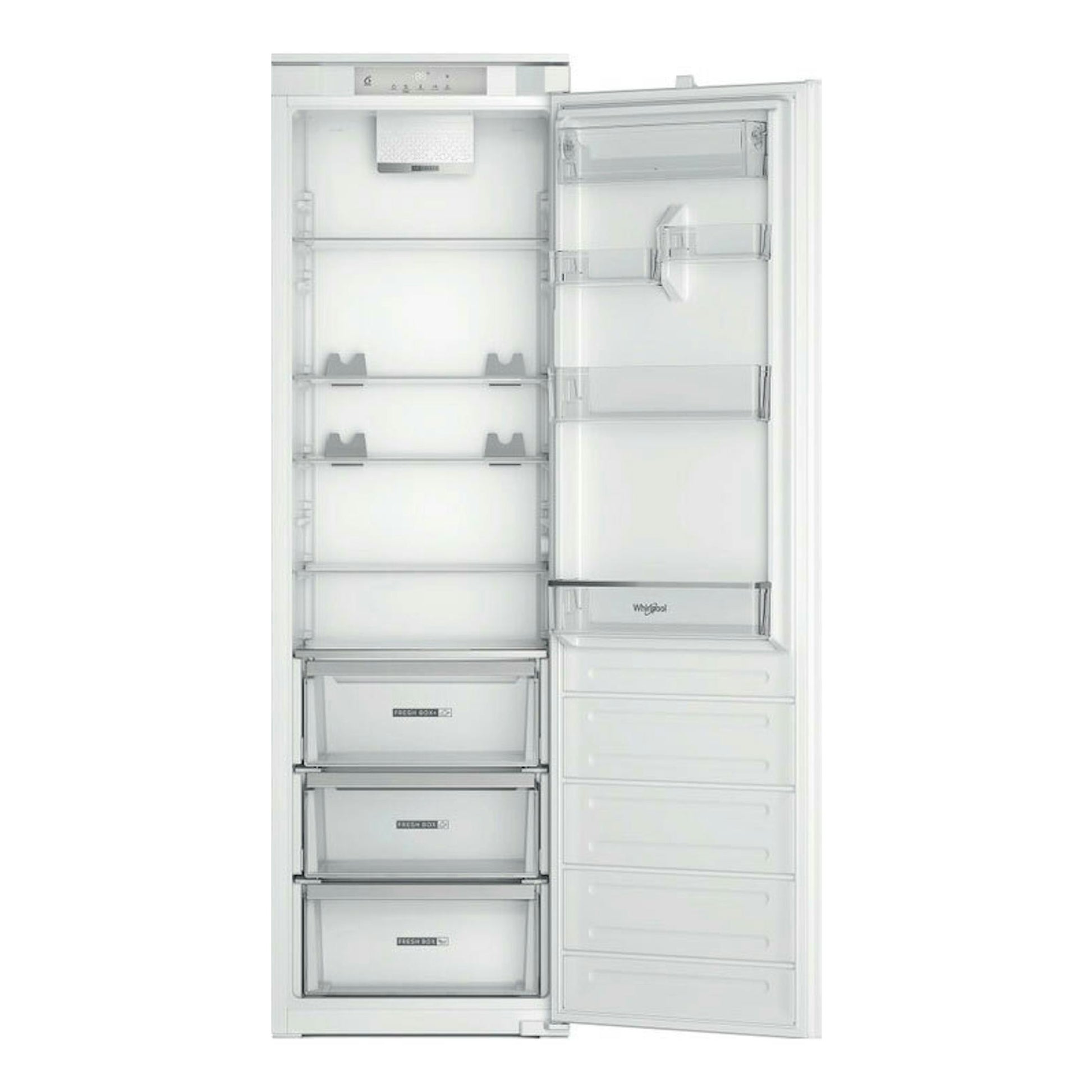 Frigorífico integrable Whirlpool WHSD18A013C1, vista frontal con la puerta abierta e interior blanco con baldas y cajones.