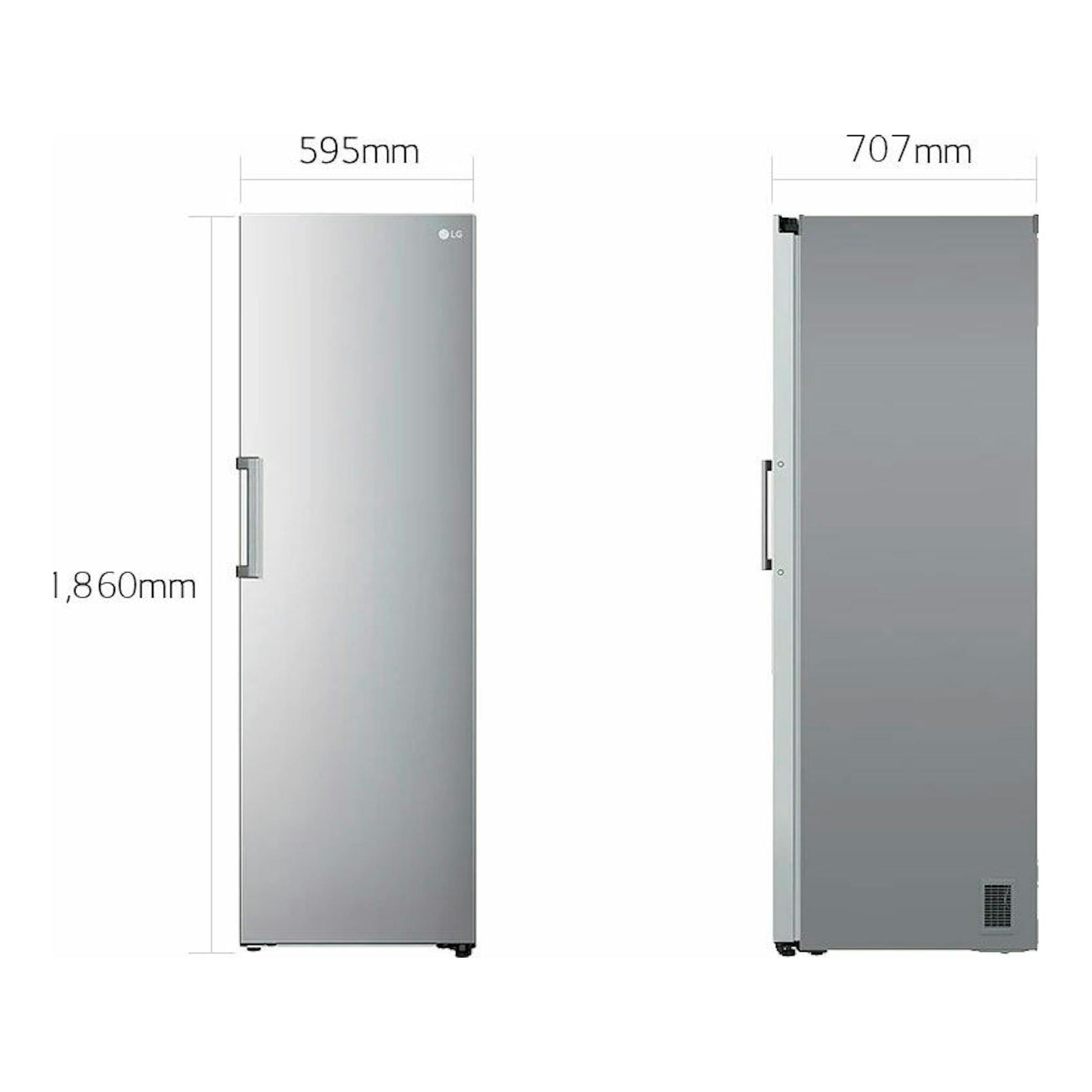 Frigorífico LG GLT51PZGSZ inox, vista frontal y lateral, 1.860 mm alto, 595 mm ancho y 707 mm fondo.