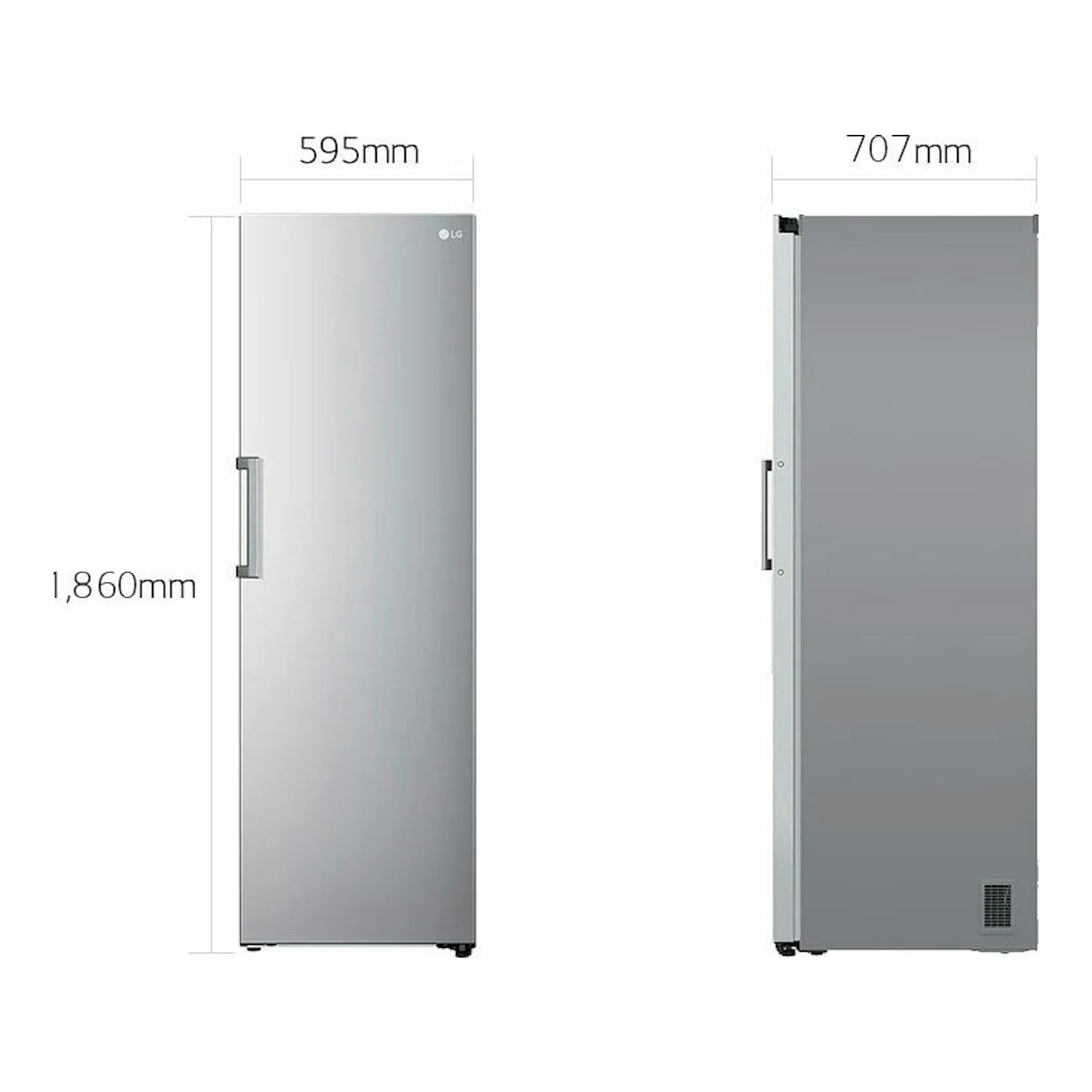 Frigorífico LG GLT51PZGSZ inox, vista frontal y lateral, 1.860 mm alto, 595 mm ancho y 707 mm fondo.