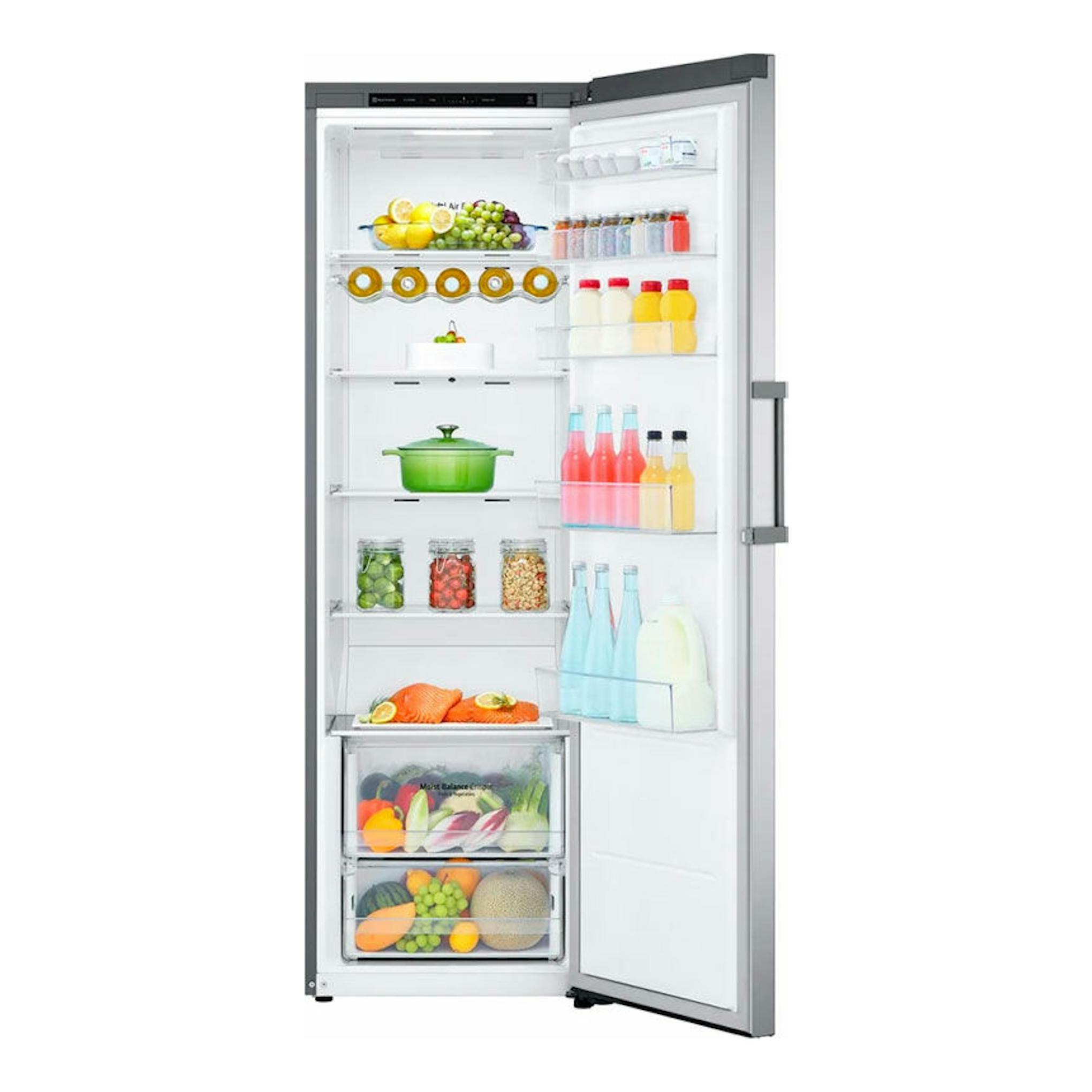 Frigorífico de una puerta LG GLT51PZGSZ inox, vista frontal con la puerta abierta y estantes interiores.