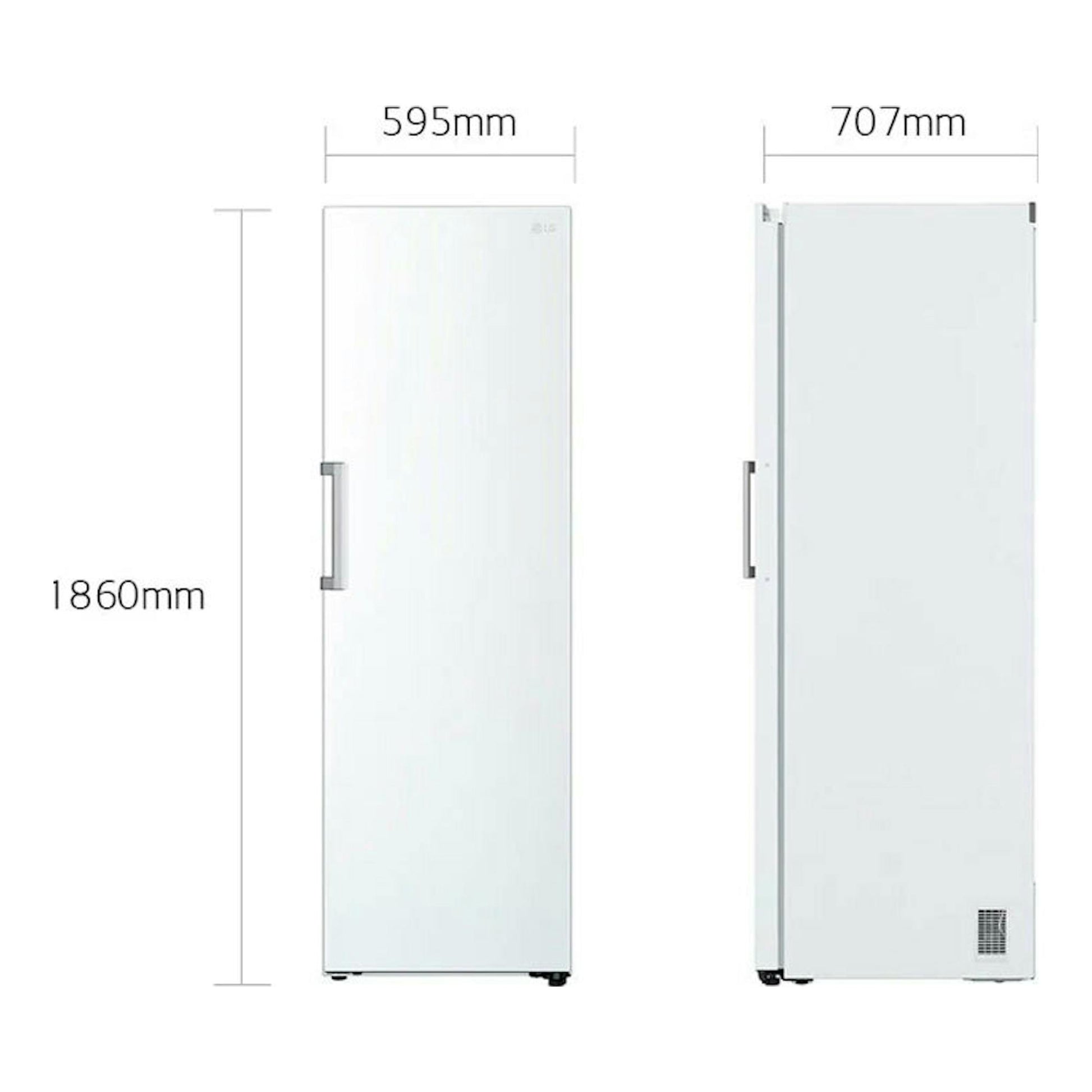 Frigorífico LG GLT51SWGSZ blanco, vista frontal y lateral con medidas 1860 x 595 x 707 mm.