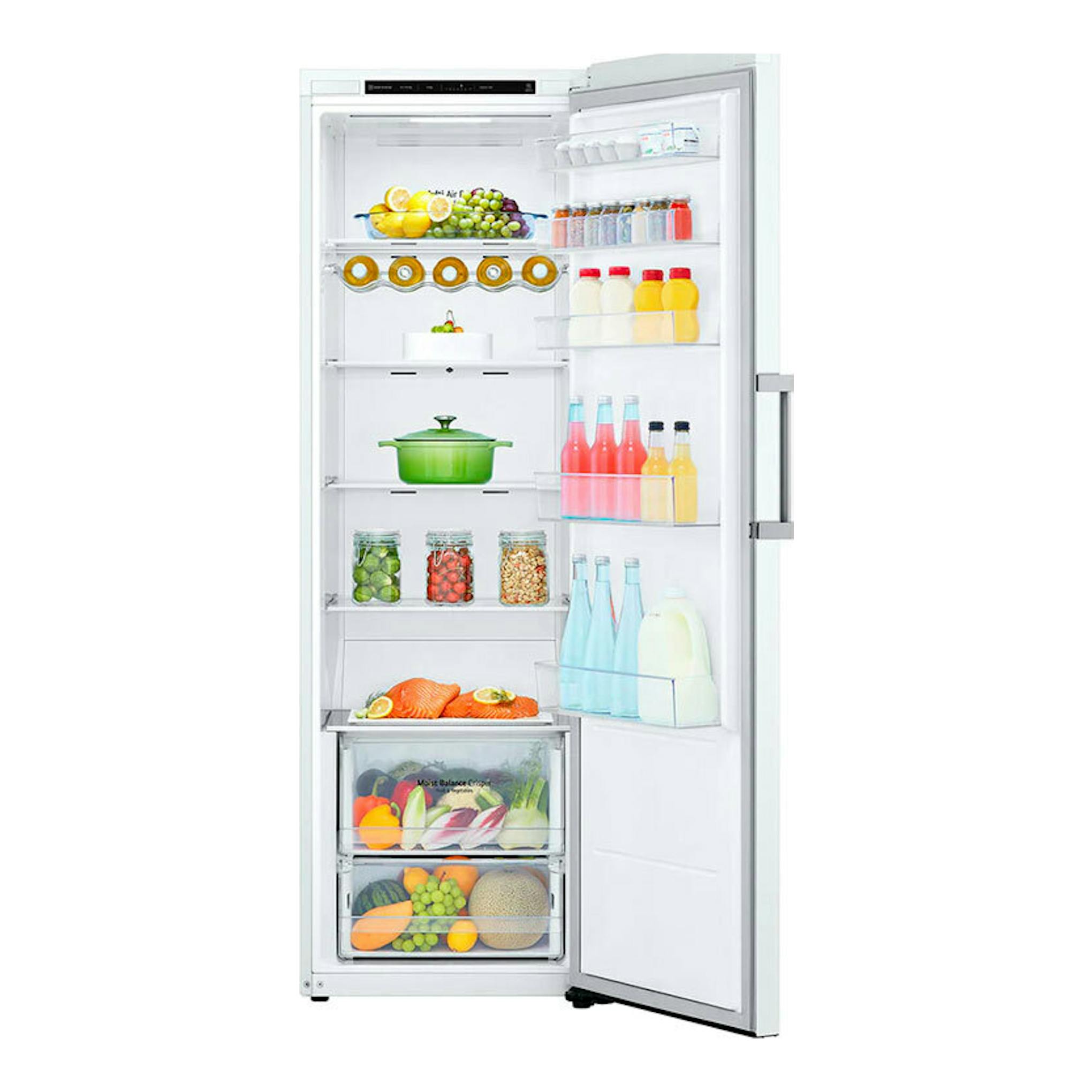 Frigorífico LG GLT51SWGSZ blanco, de una puerta, abierto en vista frontal con estantes y cajones visibles.