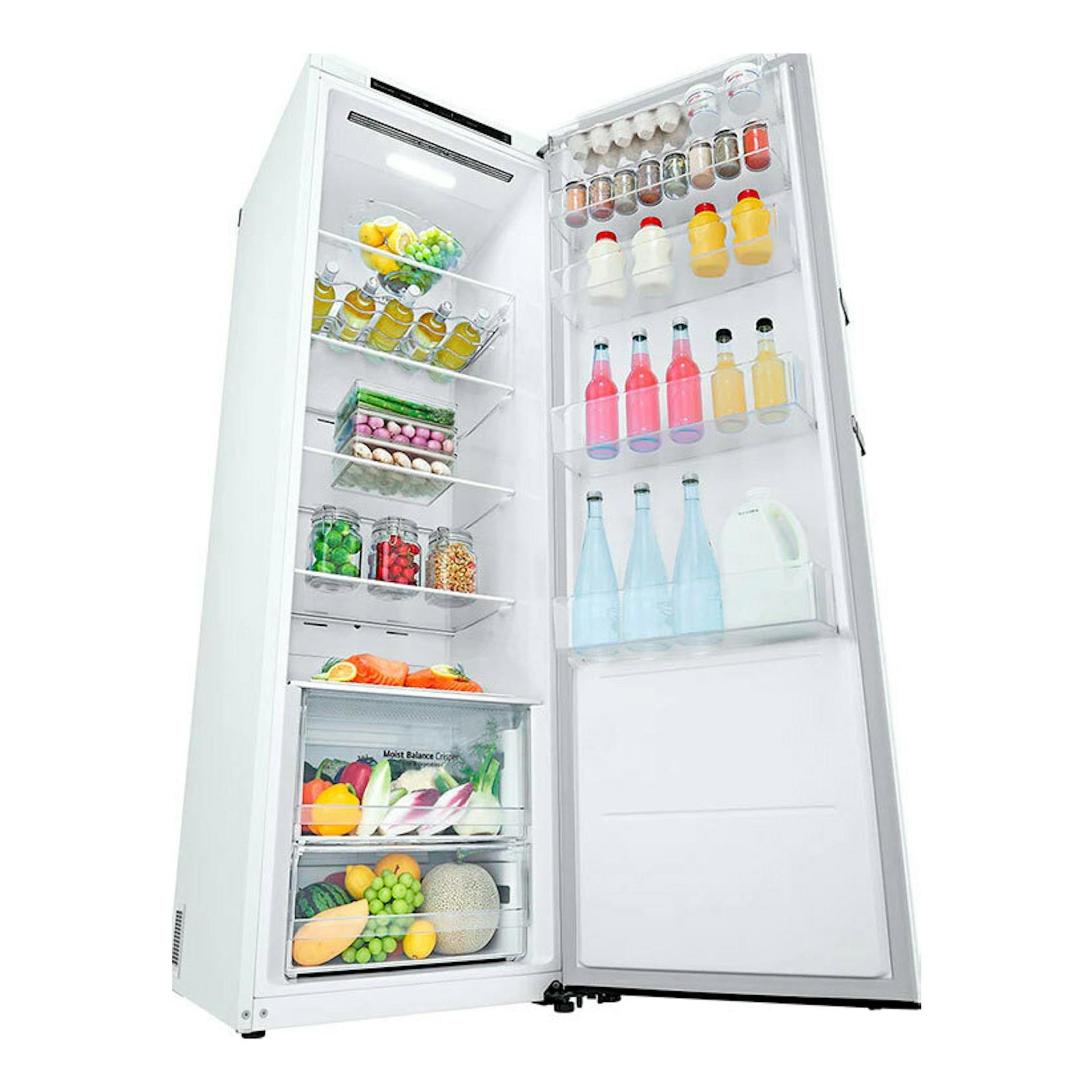 Frigorífico LG GLT51SWGSZ blanco, visto de frente y abierto, con estantes y cajones interiores.