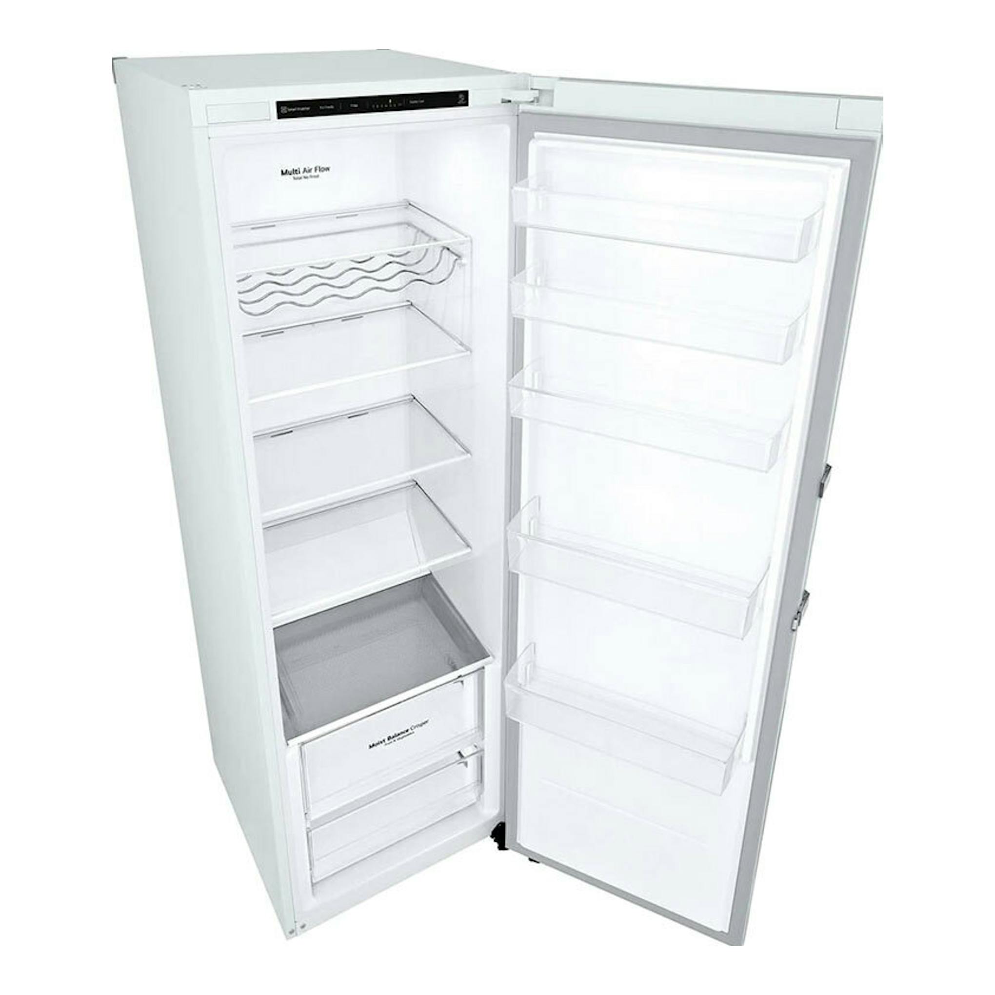 Frigorífico LG GLT51SWGSZ blanco, vista frontal en ángulo con la puerta abierta y estantes interiores visibles.