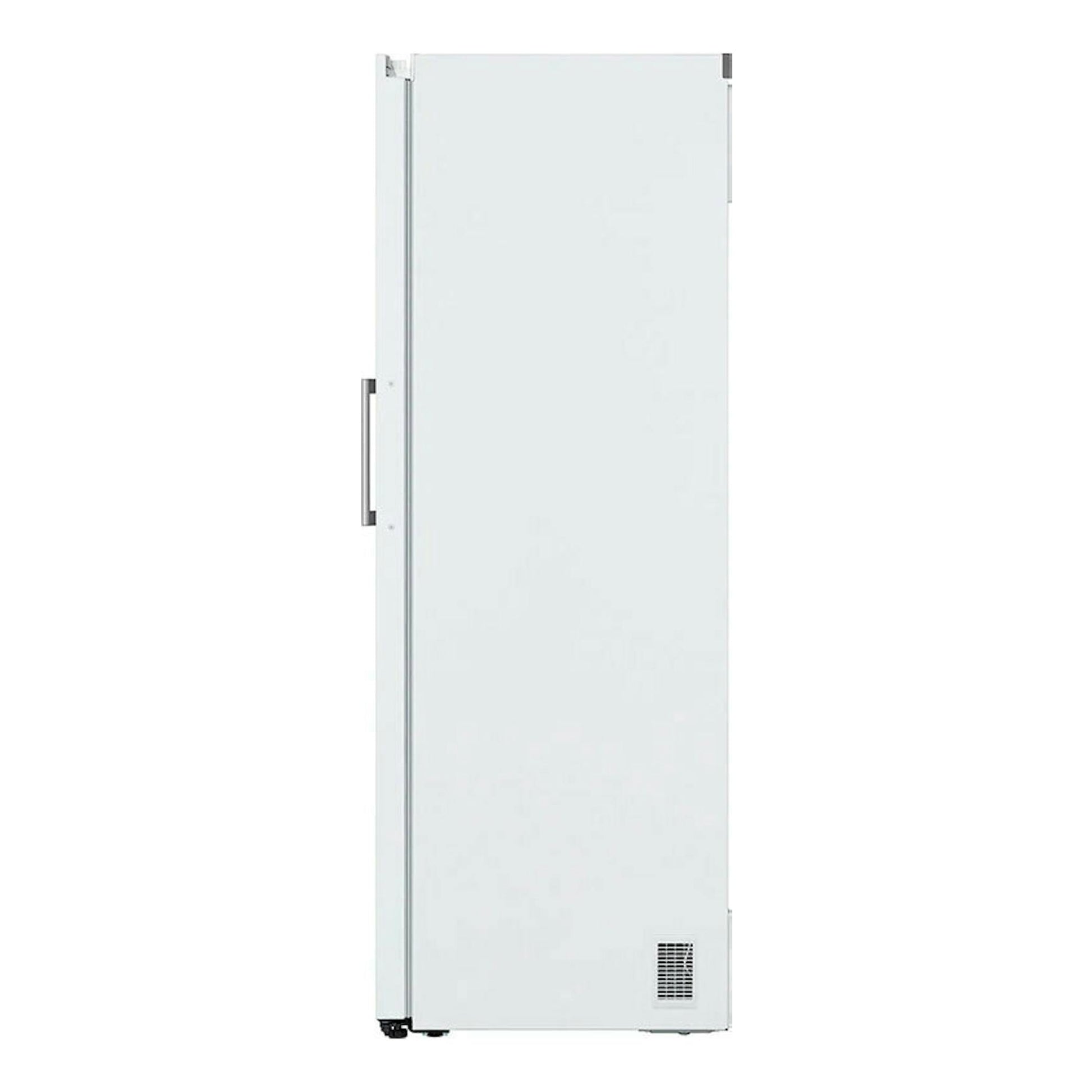 Frigorífico LG GLT51SWGSZ blanco, vista frontal, una puerta con tirador lateral y rejilla inferior.