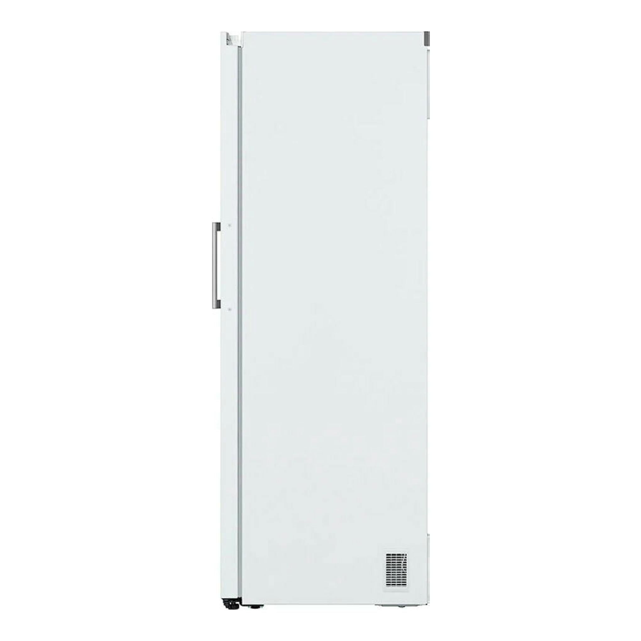 Frigorífico LG GLT51SWGSZ blanco, vista frontal, una puerta con tirador lateral y rejilla inferior.
