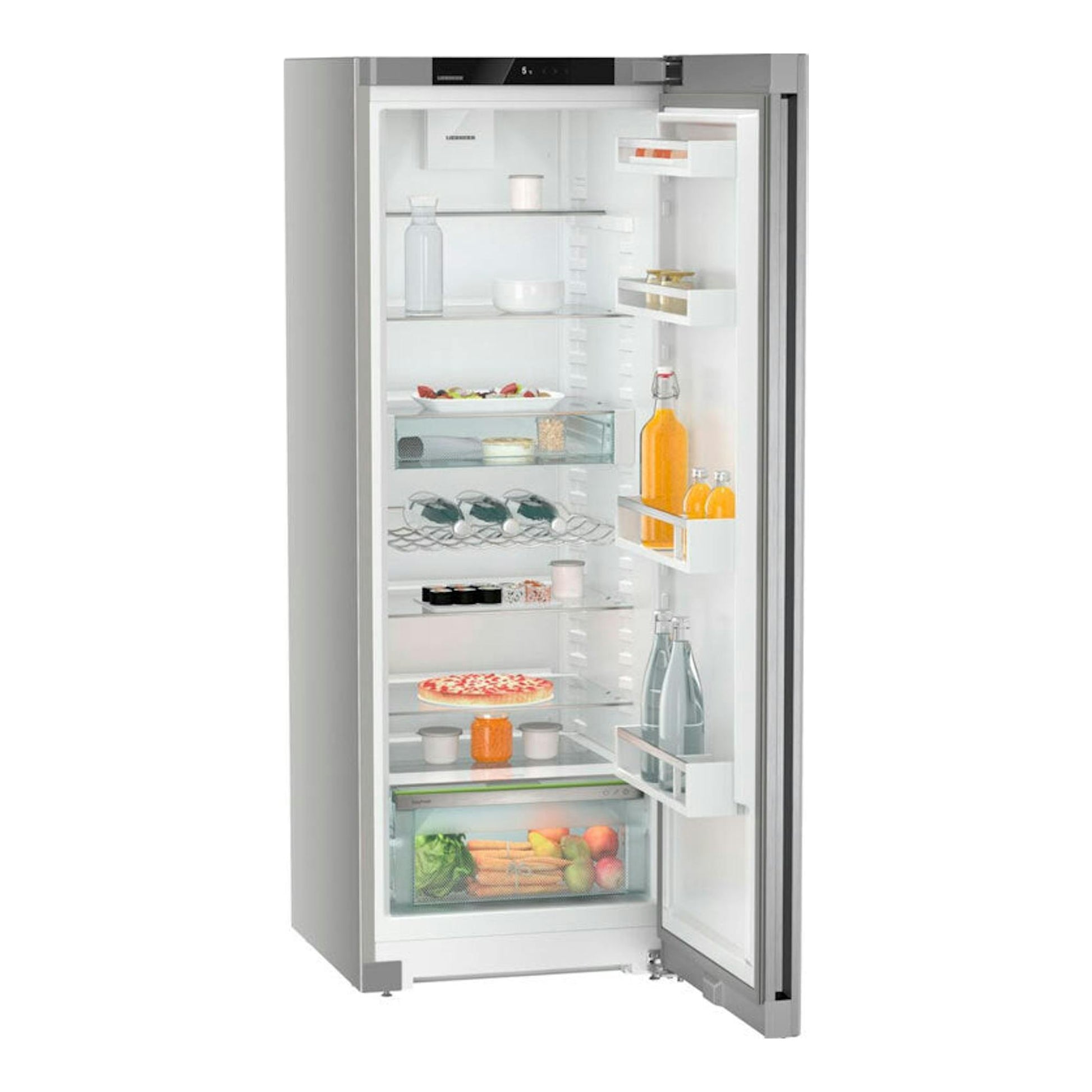 Frigorífico Liebherr Rsfe 5020-20 001 inox, vista frontal con la puerta abierta y estantes interiores.