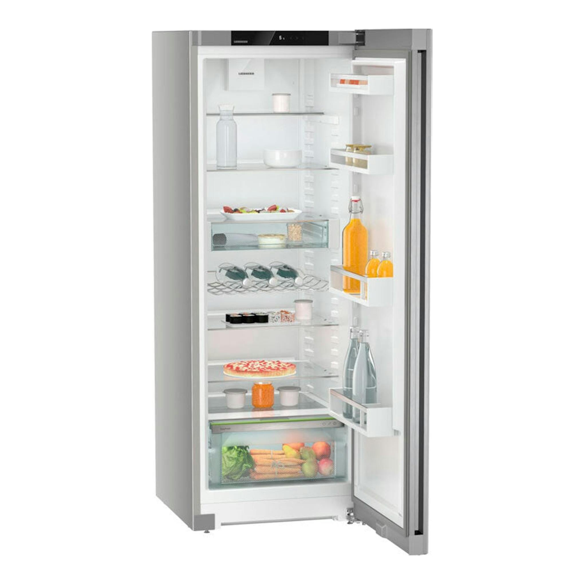 Frigorífico Liebherr Rsfe 5020-20 001 inox, vista frontal con la puerta abierta y estantes interiores.
