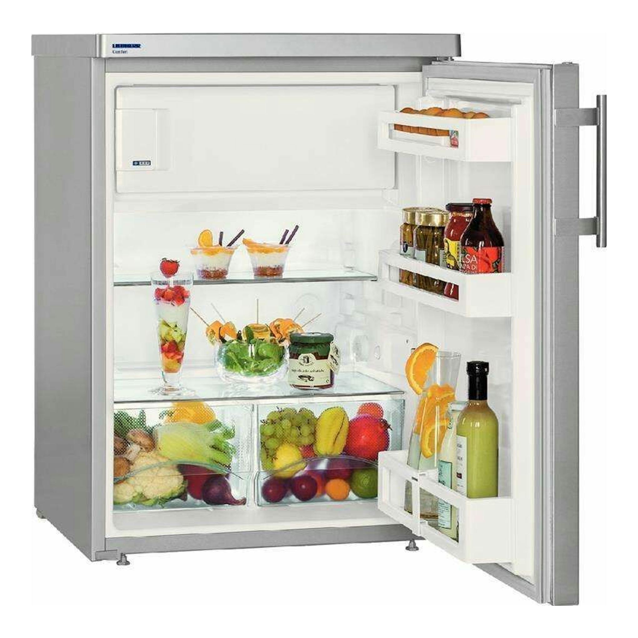 Frigorífico Liebherr TPesf-1714-22 001 inox, puerta abierta, vista frontal, interior con estantes y alimentos.