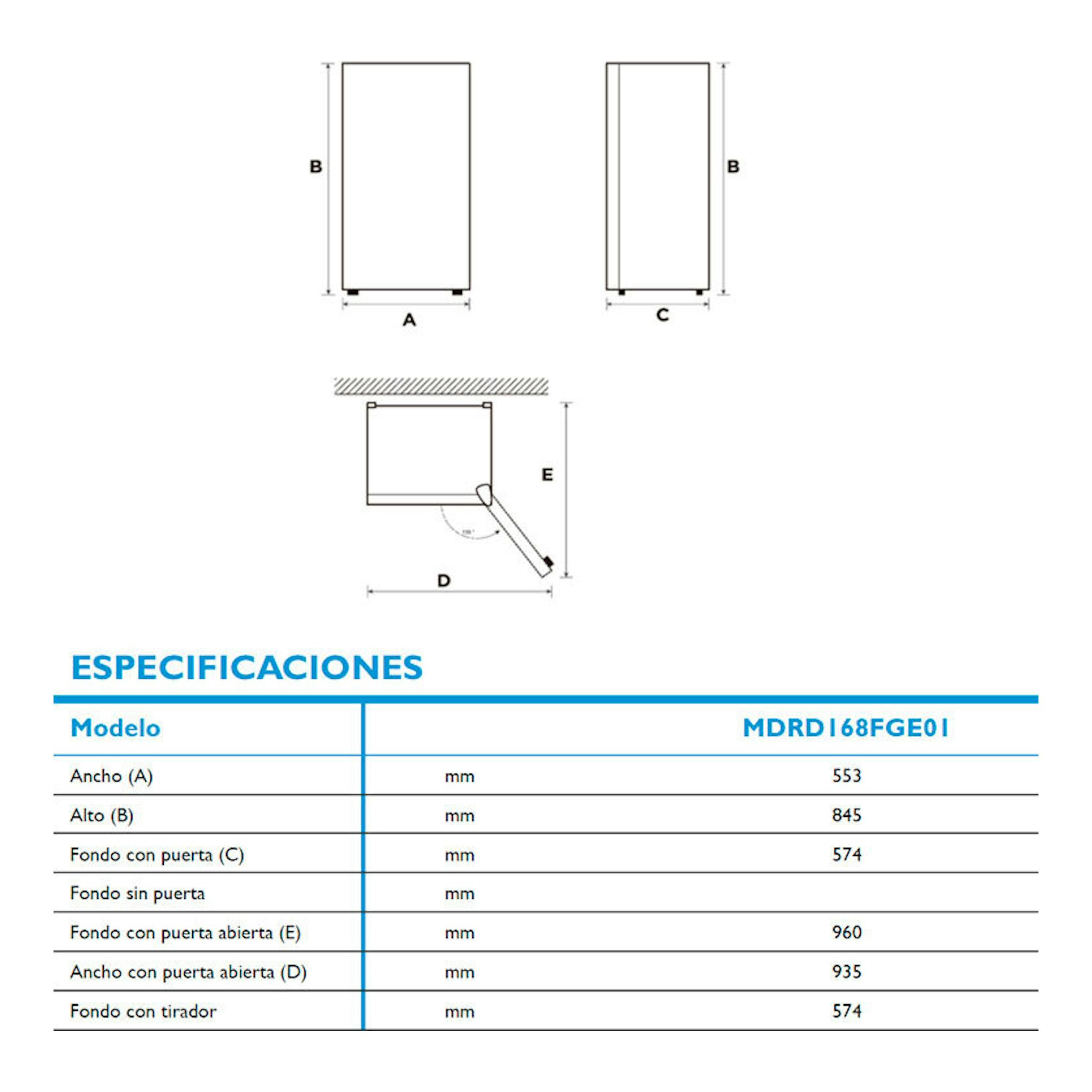 Diagrama de medidas del frigorífico Midea MDRD168FGE01 en vista frontal y lateral, con puerta abierta.