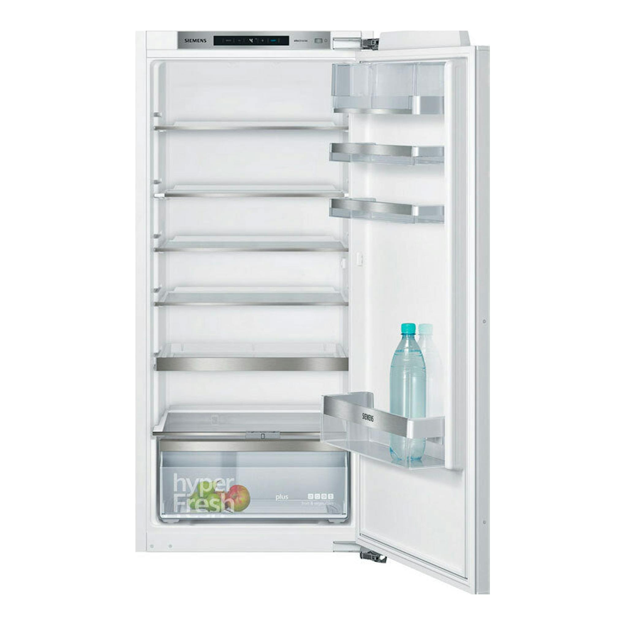 Frigorífico Siemens KI41RADF0 blanco, vista frontal con la puerta abierta y estantes interiores visibles.
