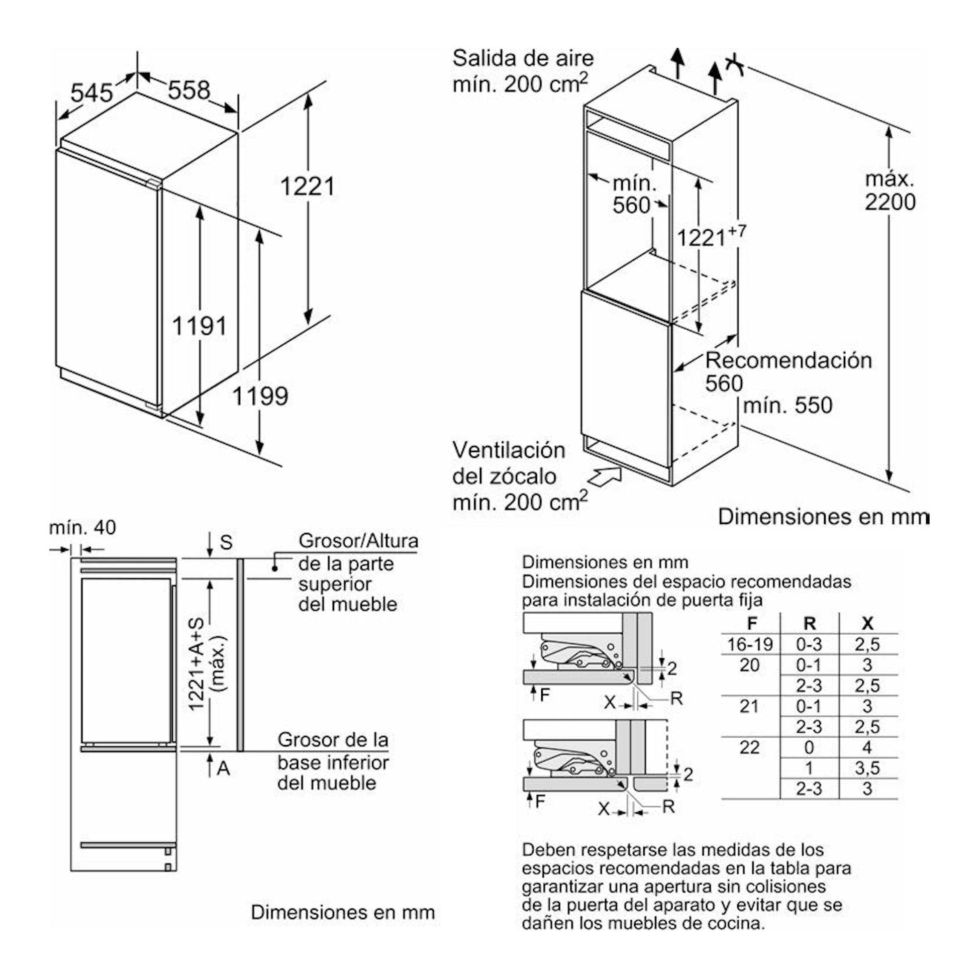 Esquema técnico del frigorífico Siemens KI41RADF0 blanco, con medidas e instalación en mueble.